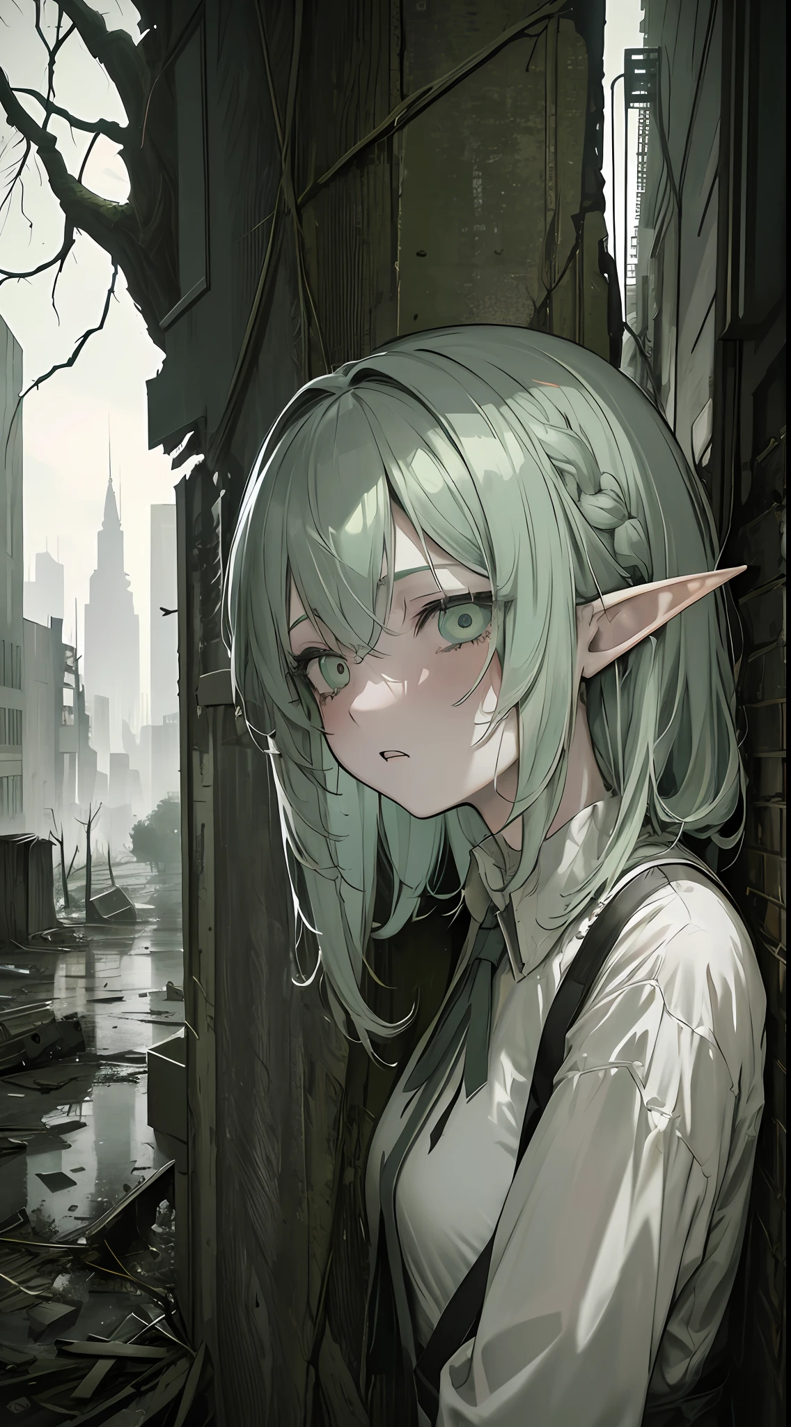 (chef-d&#39;œuvre, Meilleure qualité, ultra haute résolution, fond d&#39;écran,splendide),1fille,oreilles d&#39;elfe,cheveux gris-vert, expression vide, atmosphère déprimante, dans une ville détruite avec des arbres, des arbres poussent sur les bâtiments, visage beau et détaillé, yeux détaillés,