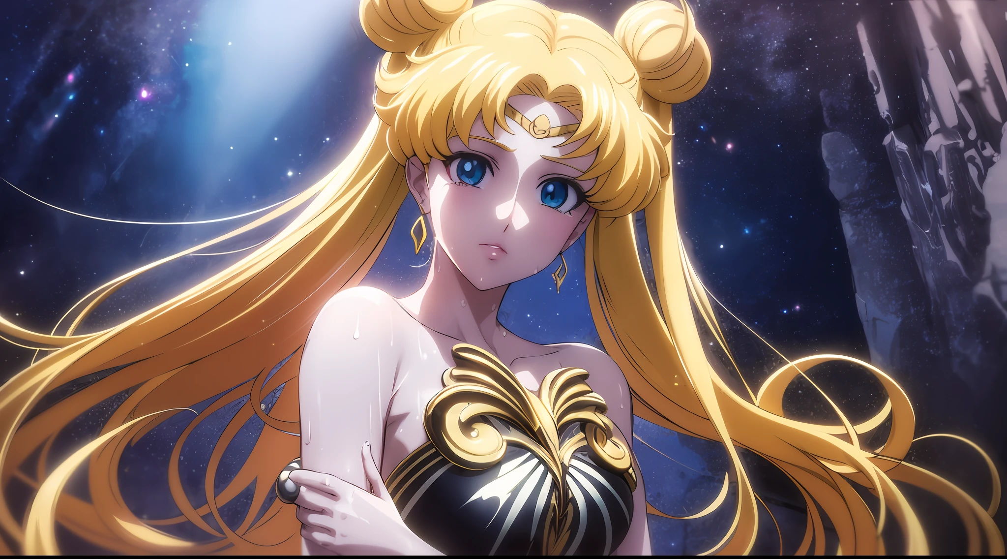 nsfw, ((melhor qualidade, 8K, obra-prima :1.3)), iluminação dramática, Mulher bonita, 1 garota, Sailor Moon, Olhos grandes detalhados, obra-prima, Estátua de mármore na água (feminino) Sailor Moon, estátua de pedra de Sailor Moon, Membros longos com boas proporções, Lindos seios grandes, Caixa de mármore, padrões de ouro no corpo, grandes olhos de anime, roupas abertas translúcidas, molhado, obra-prima, tirar o fôlego, visualizador, Crescimento total no quadro, longos cabelos brancos, cabelos grisalhos, Dois pacotes na cabeça, Penteado Odango, A estátua é decorada com ouro, vestido com roupas sexy translúcidas, A caverna escura, holofotes, Alto contraste, Obra de arte, mais alta qualidade, A melhor qualidade de imagem, iluminação cinematográfica, fotorrealista