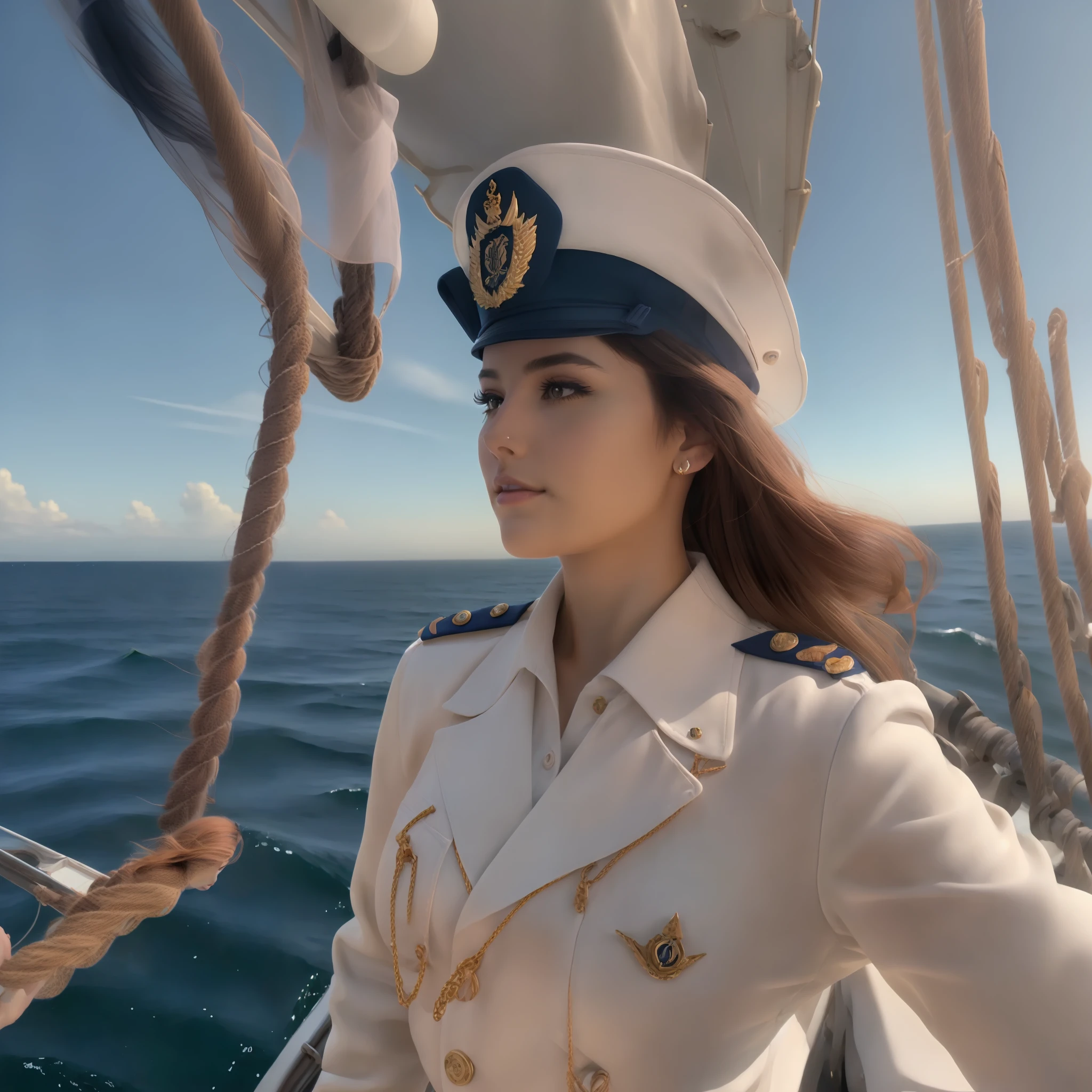 Beautiful woman attractive well realistic with navy uniform on a ship on high seas day and in the sun best quality and best effects best shadows best lighting 8k