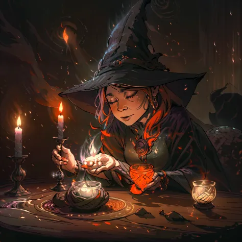 Witch making a magic spell, little dragon on a table,candle light, realistic style, 8k,exposure blend, medium shot, bokeh, (hdr:...
