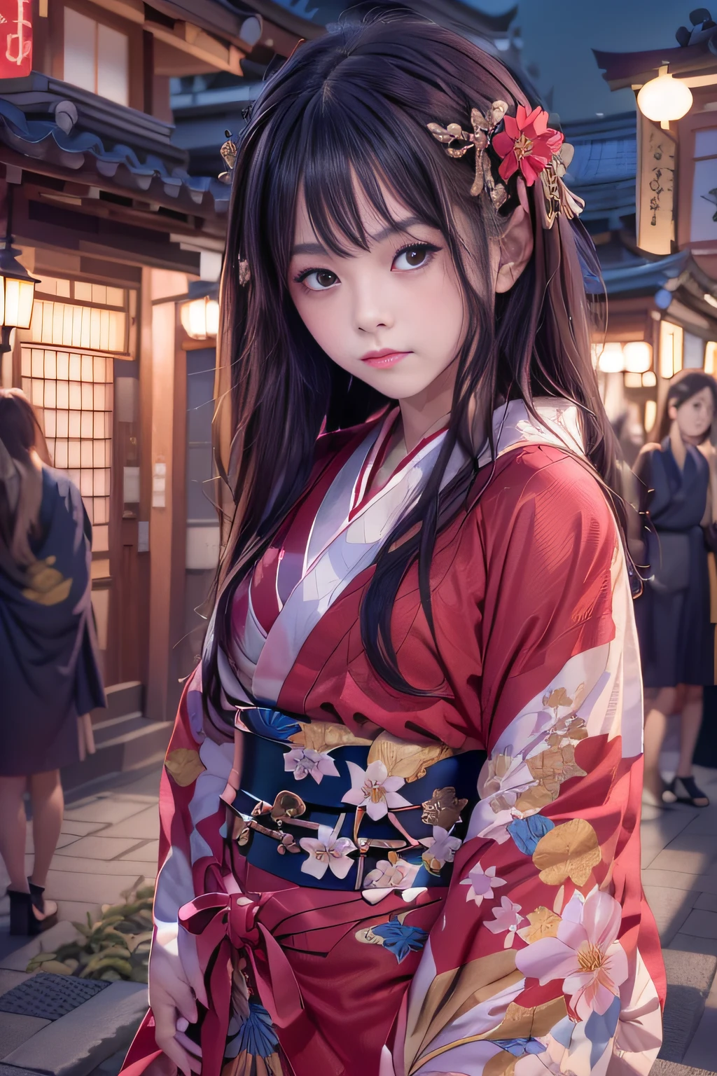 (Actual picture, intricate detailes), Hi-Res, 8k(extra detailed face, real looking skin, Realistic body),Looking at the camera,Alafi in kimono standing on a street corner,Snapshots, in a kimono, red kimono, japanese kimono, with floral pattern,((red kimono)), Wearing kimono, A Japanese style, A Japanese Lady,classy yukata clothing,Street,angelic pretty,16 year old girl,solo,tsundere,Nasty look,Snow-white skin,fine skin and soft lips,japanic style,delicated face、cute  face、a beautiful detailed girl、extremely detailed eye and face、beatiful detailed eyes,Slender eyes,a beauty girl,Cute  s,deep in the night,dark sky,straight haired, Lustrous hair,Black Long Hair, in a kimono, Wearing clogs,Japanese Models, wearing royal kimono,Thin leg,skinny thigh,Small breasts glasses,Light makeup,,Expression in love,Shyness,Longing for love,Sex appeal in girls,Natural gestures unique to women,The smell of sex appeal,