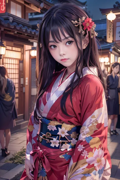 (Actual picture, intricate detailes), Hi-Res, 8K(extra detailed face, real looking skin, Realistic body),Looking at the camera,Alafi in kimono standing on a street corner,Snapshots, in a kimono, Red kimono, japanese kimono, with floral pattern,((Red kimono...