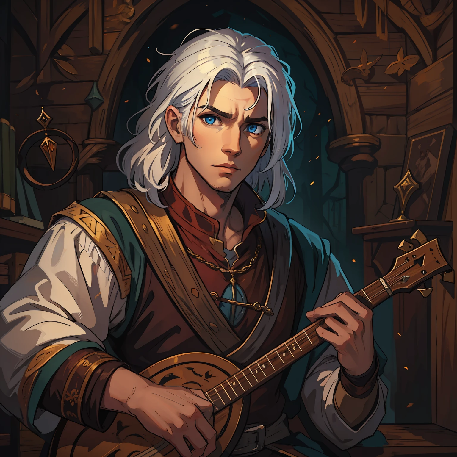 A handsome young man with medium-sized white hair White hair and blue eyes This man is a bard holding a lute, um artista trovador medieval, um artista da era medieval, um bardo elegante para um RPG, uma arte medieval, He's in a dark wooden room in low light, iluminada por tochas, luz baixa, Exotic warm colors in a mysterious and sexy theme, uma arte de bardo medieval, RPG, arte de RPG, arte medieval, arte de RPG medieval, uma arte expressiva, arte conceitual