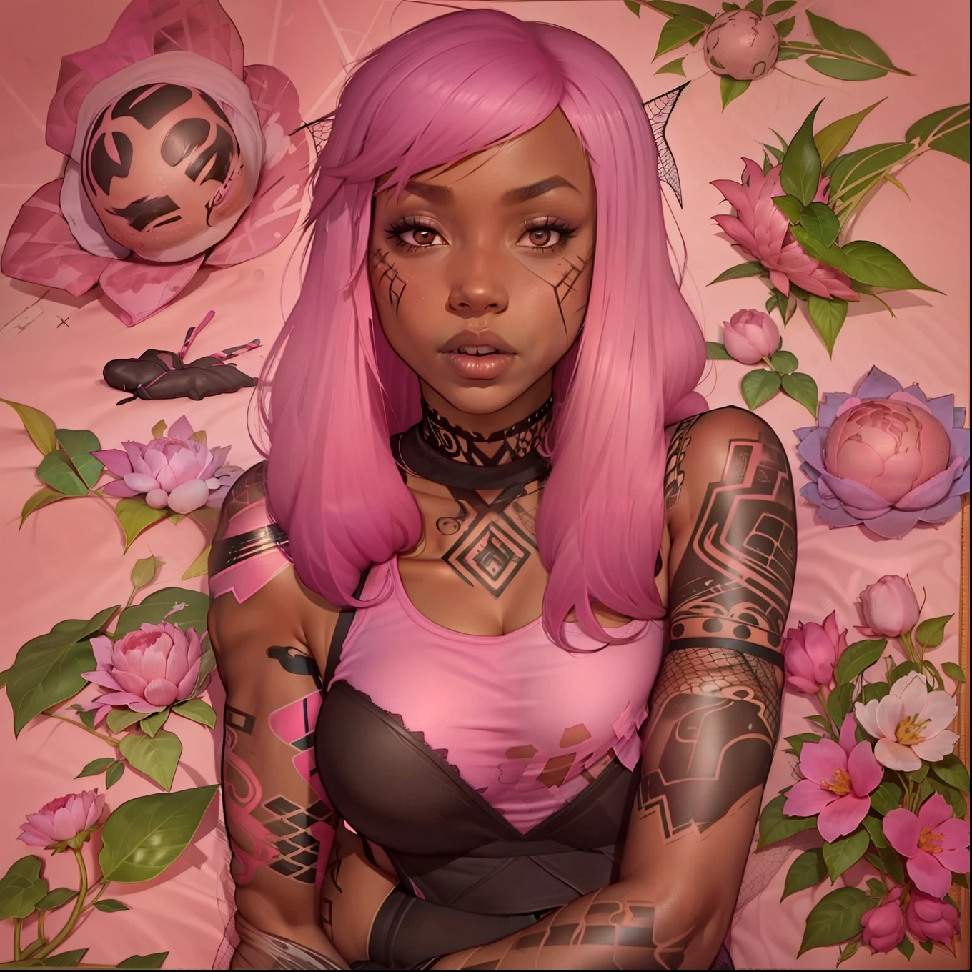 dunkelhäutige Frau mit langen schwarzen und rosa Haaren, Netzstrümpfe tragen, trage ein ärmelloses Netzoberteil, trägt schwarzen Minirock, im Schlafzimmer, bedeckt mit japanischen Tattoos, einfarbiger rosa Hintergrund