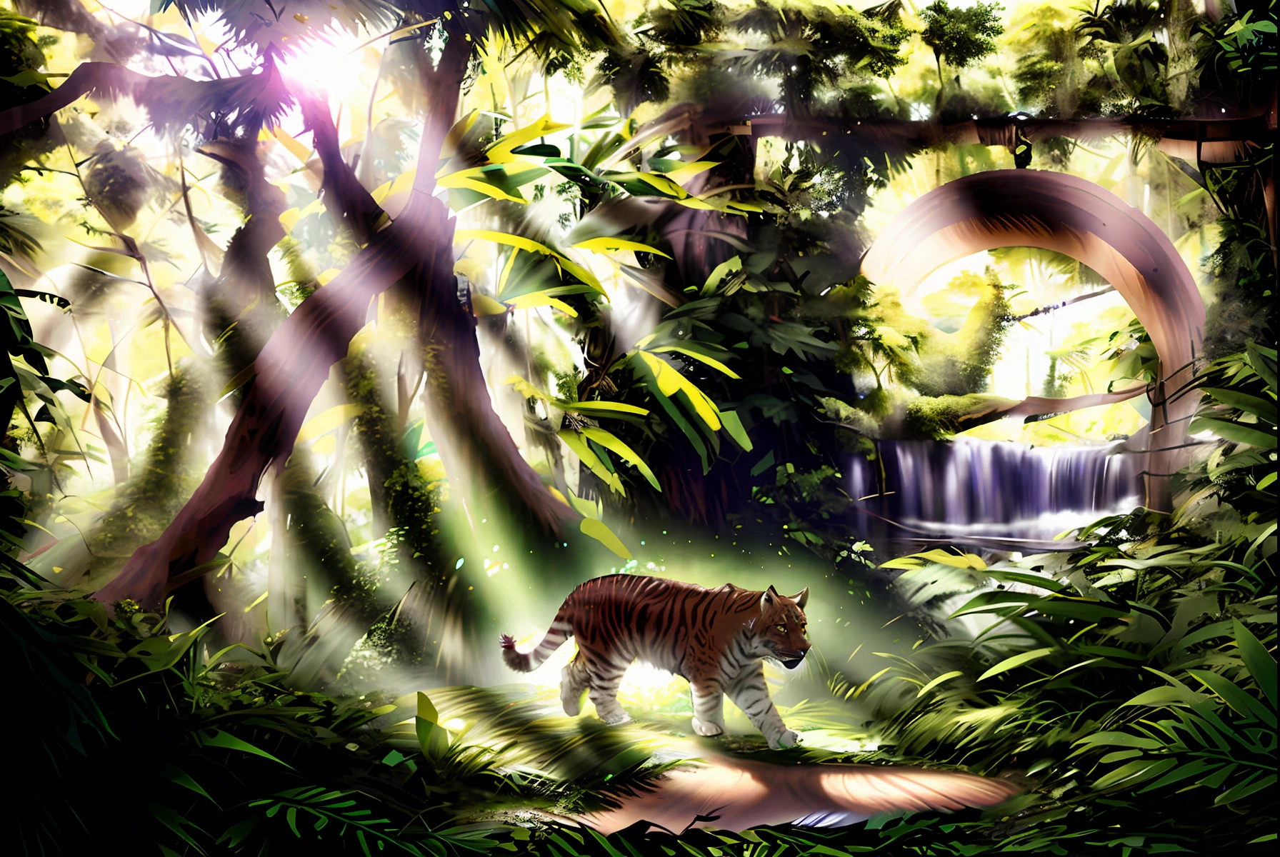 Ultra realistic image of Brazilian jaguar walking in the jungle, jungle nature, beautiful jungle, primitive jungle, in forest jungle, full of woods and a waterfall in the background  . 32k jungle image !!!