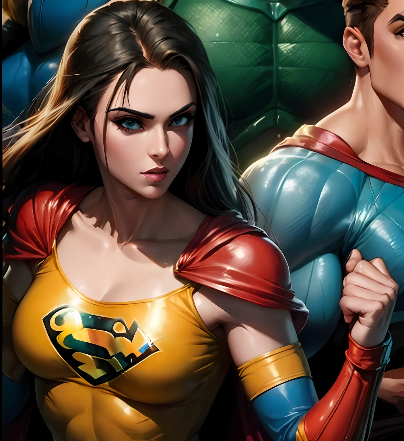 A Young Character of the Girl of Justice, roupas em tons amarelo, vermelho e azul. Directed by: Jasão Edmiston, Estilo Alex Ross, quadrinhos Artgerm, Artgerm e Genzoman, Artgerm e Lois van Baarle, Artgerm Julie Bell Beeple, Artgerm e Ben Lo, Artgerm e Warren Louw