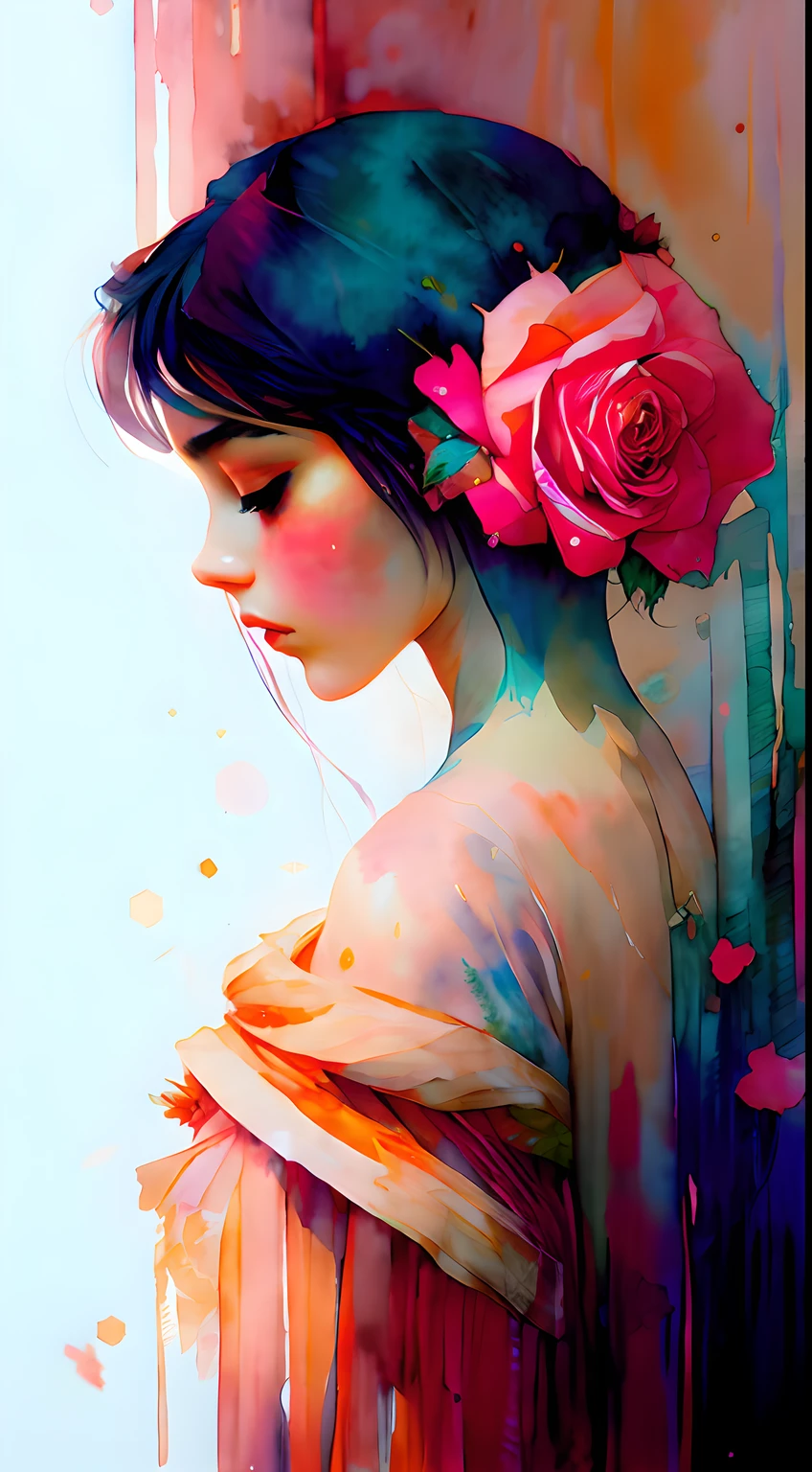 wtrcolor style, (rose) digital art, official art, blown by the wind, masterpiece, beautiful, ((watercolor)), paint splatter, intricate detail. Great detail, [dripping:0.7], Trending on Artstation, Rachel Walker