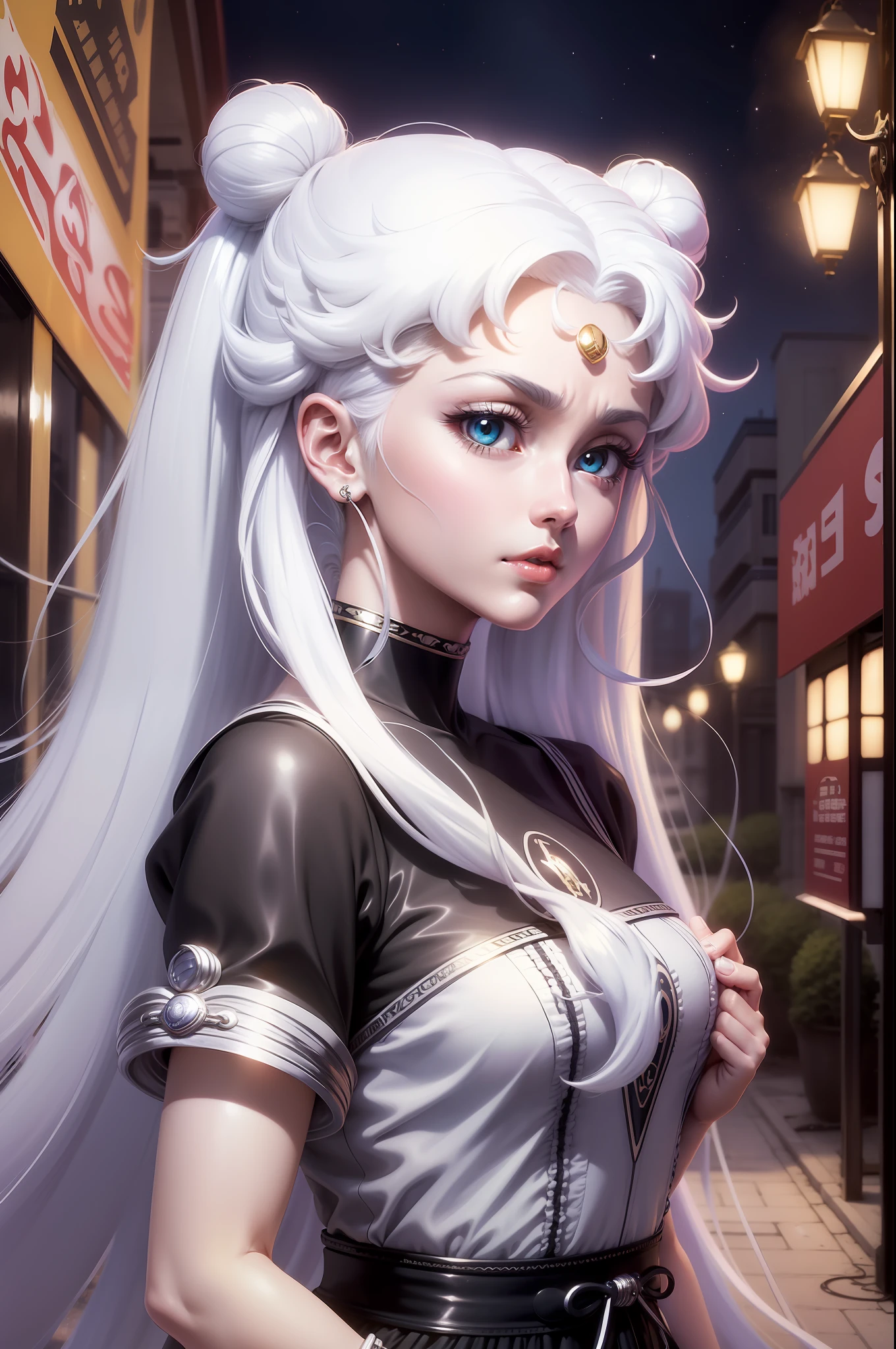 White sailor moon girl with katana, white hair, Long white hair, gray hairs, Two bundles on the head, Odango hairstyle, pale skin, Cyan eyes ,Lamborghini against the backdrop of a Japanese night city