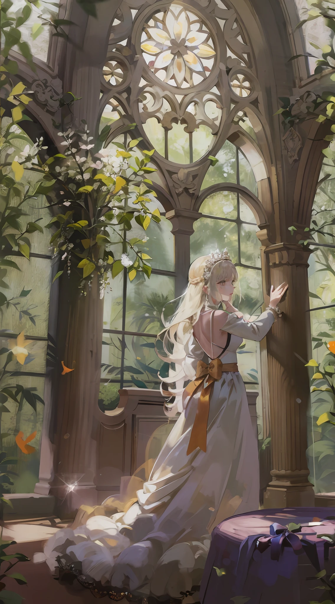 Flying butterflies，Fluttering petals，Fluttering hair，softlighting，soft focus，Hazy picture，Huge stained windows，The windows are transparent，1girll，Golden birdcage，Thorny vines，Red butterfly，mitts，（very intricate），Exquisite，Complex hairstyles，long  skirt，RococoStyle，Bow knot，Cross straps，Gorgeous dress，Large skirt，frilld，Love decoration，（Elegant vintage clothing design），rosette，whaite hair，long  white hair，The brightness of the picture is high，Low contrast，The overall feeling is like an oil painting，trpical garden，Close-up，Close-up Shot Shot，Pedras preciosas，diamond，crystal，jewelled headdress，pearls necklace