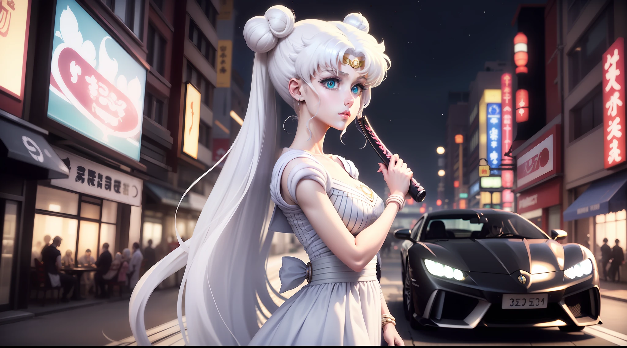 white girl (sailor moon) with katana, white colored hair, Long white hair, gray hairs, Two bundles on the head, Odango hairstyle, pale skin, Cyan eyes ,Lamborghini against the backdrop of a Japanese night city, Japanese fashion