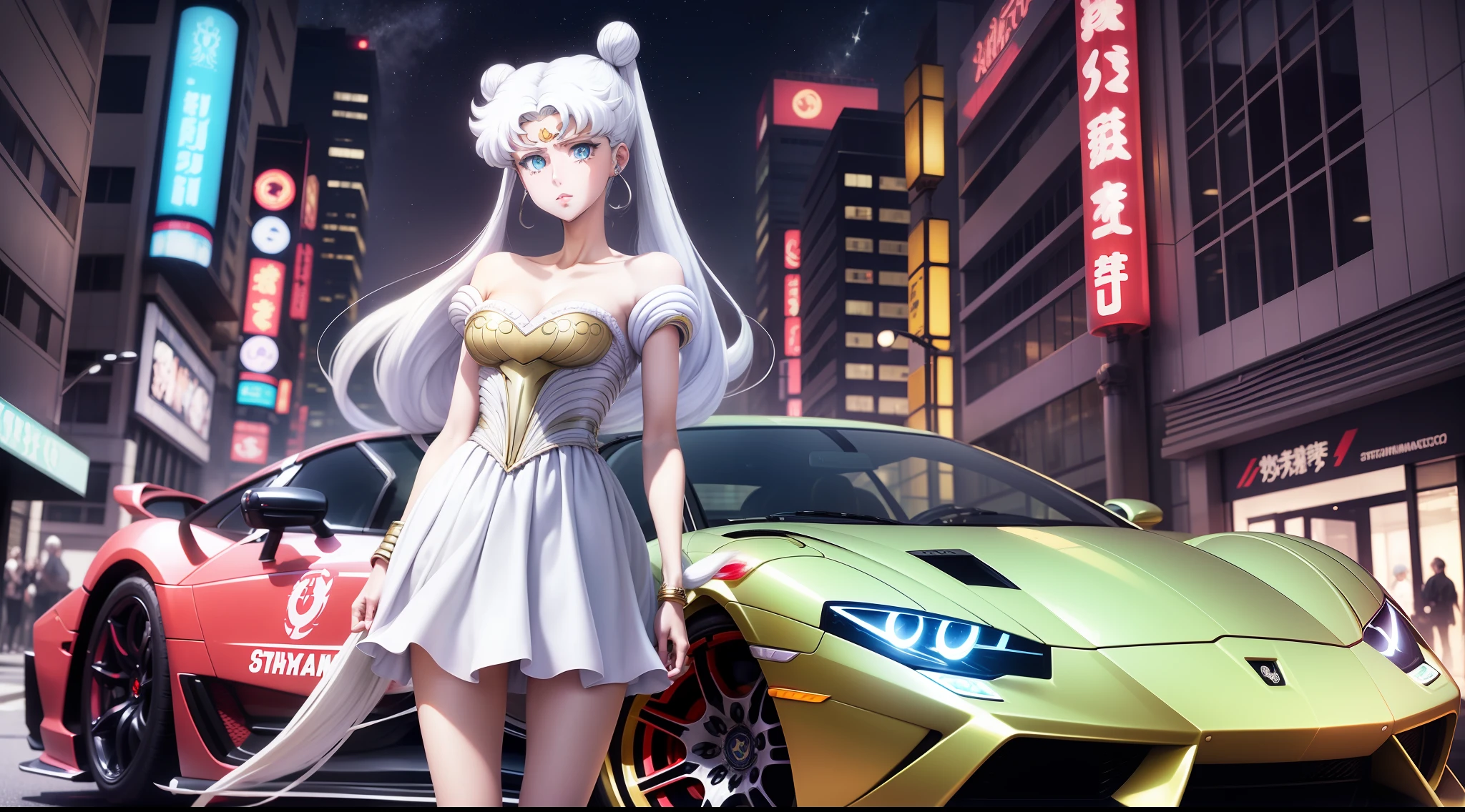 white girl (sailor moon) with katana, white colored hair, Long white hair, gray hairs, Two bundles on the head, Odango hairstyle, pale skin, Cyan eyes ,Lamborghini against the backdrop of a Japanese night city, Japanese fashion