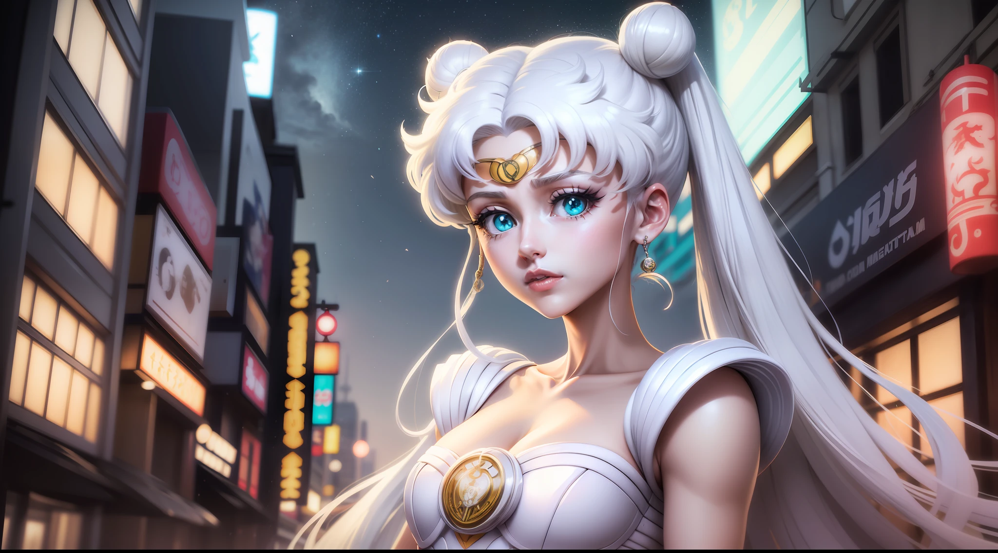 white girl (sailor moon) with katana, white colored hair, Long white hair, gray hairs, Two bundles on the head, Odango hairstyle, pale skin, Cyan eyes ,Lamborghini against the backdrop of a Japanese night city, Japanese fashion