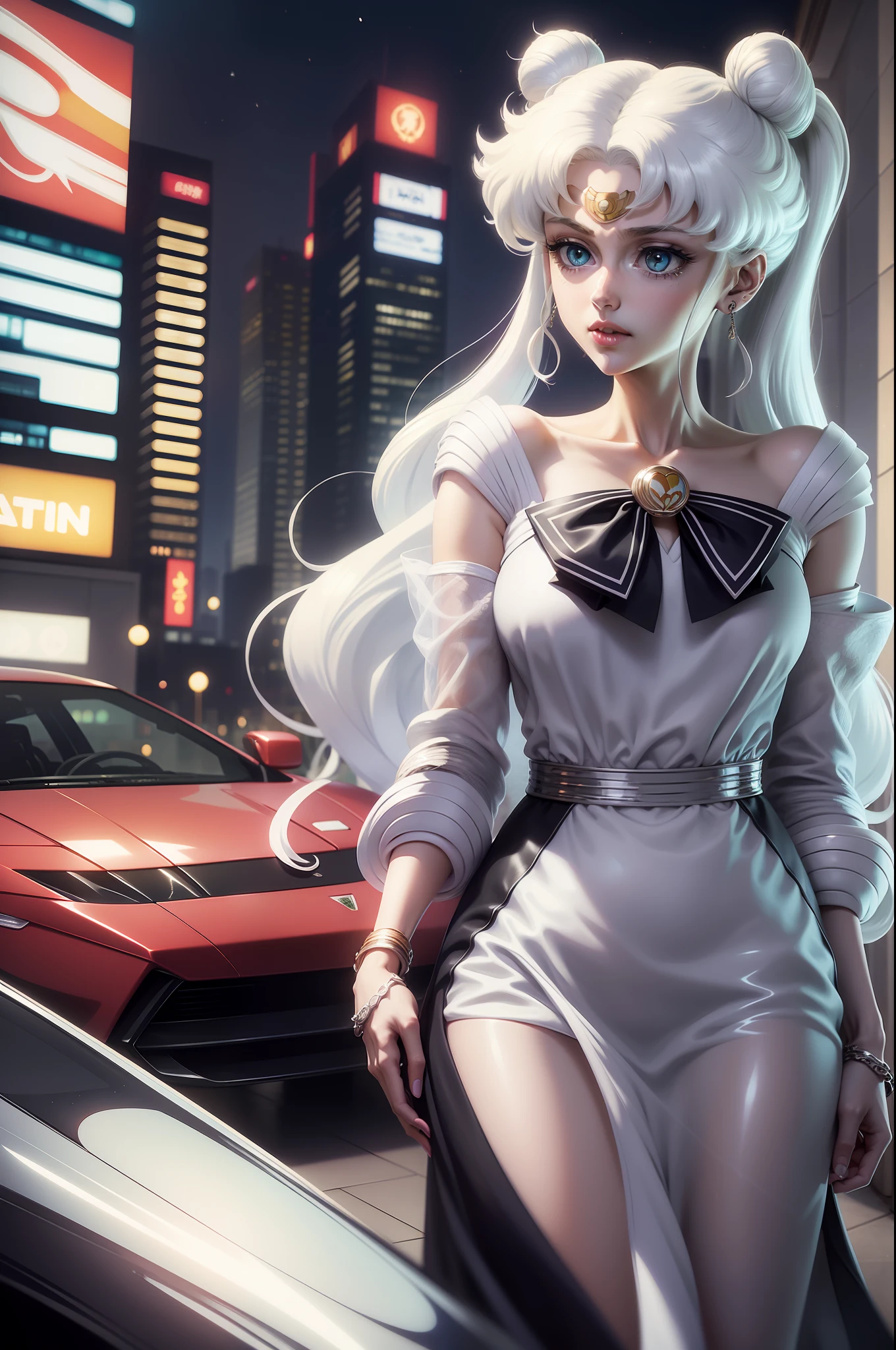 white girl (sailor moon) in fashionable clothes, white colored hair, Long white hair, gray hairs, Two bundles on the head, Odango hairstyle, pale skin, Cyan eyes , in full height, Lamborghini against the backdrop of a Japanese night city