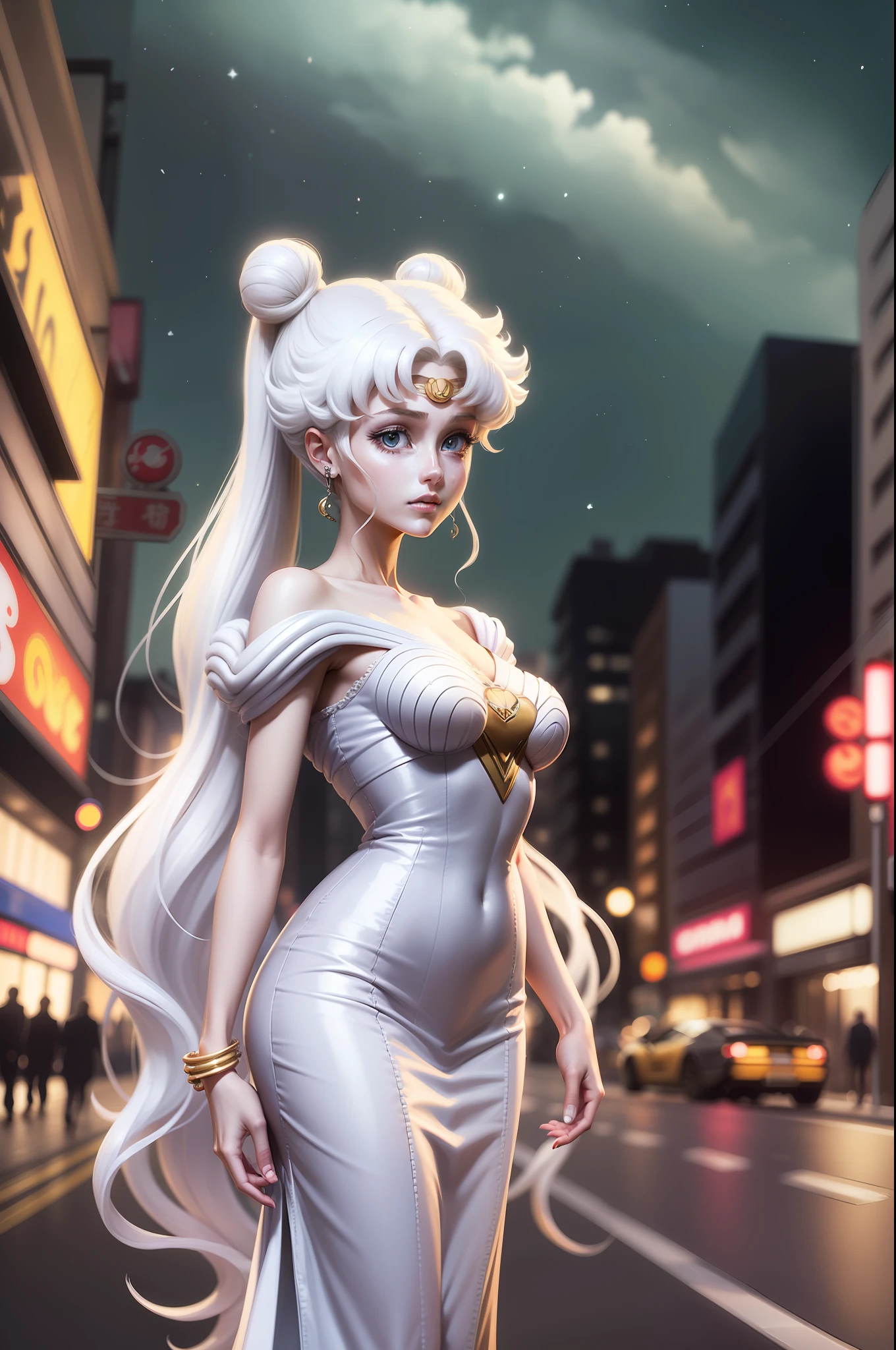 white girl (sailor moon) in fashionable clothes, white colored hair, Long white hair, gray hairs, Two bundles on the head, Odango hairstyle, pale skin, Cyan eyes , in full height, Lamborghini against the backdrop of a Japanese night city