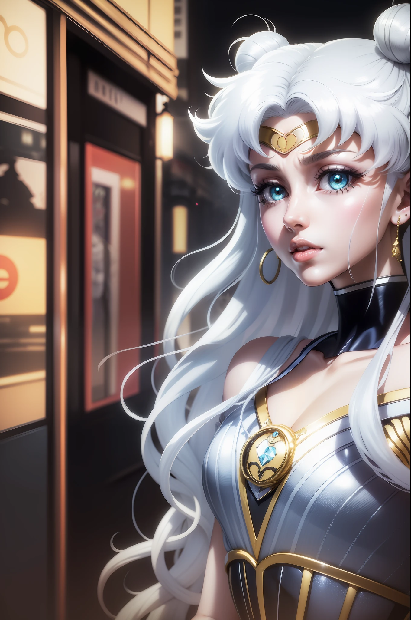 white girl (sailor moon) in fashionable clothes, white colored hair, Long white hair, gray hairs, Two bundles on the head, Odango hairstyle, pale skin, Cyan eyes , in full height, Lamborghini against the backdrop of a Japanese night city