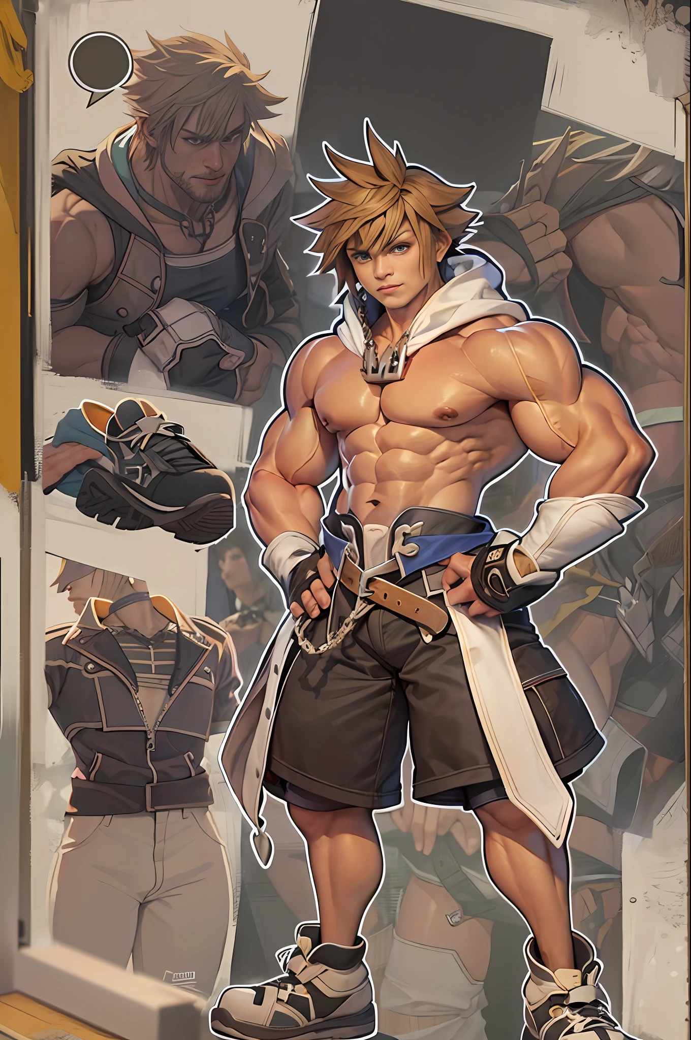 (masterpiece, best quality:1.2), cowboy shot, solo, male focus, 1boy, sora \(kingdom hearts\),Muscular body, Imposing body, Imposing appearance, muscular arms, muscular legs, only body, trapezoid torso, sturdy body, muscular body, defined round and fleshy pecs, defined washboard ABS, defined arms, defined legs, flexing his muscles smile, looking at viewer, crossed arms, hooded jacket, shorts