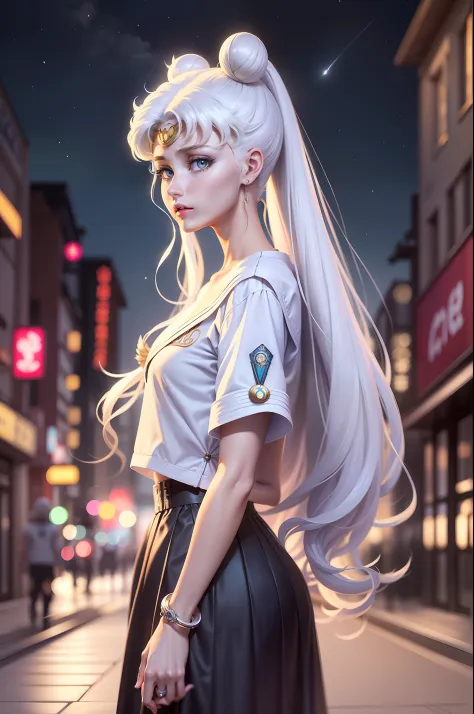 white girl (sailor moon) in fashionable clothes, modern japanese fashion clothing, white colored hair, long white hair, gray hai...