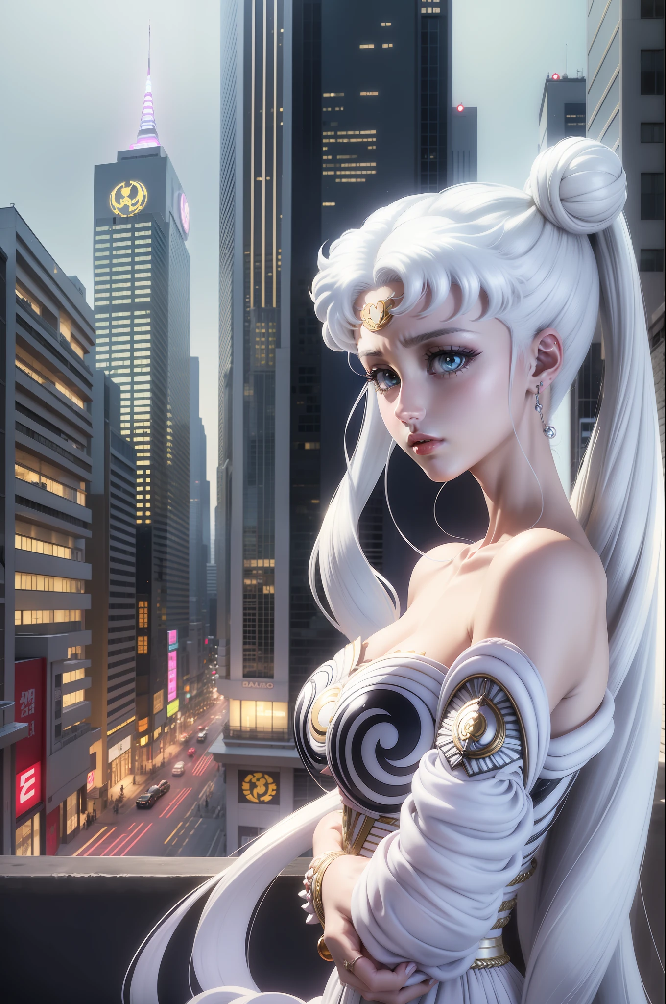 white girl (Sailor Moon) in fashionable clothes, Modern Japanese Fashion Clothing, white colored hair, Long white hair, gray hairs, Two bundles on the head, Odango hairstyle, pale skin, Cyan eyes , in full height, Lamborghini against the backdrop of a Japanese night city