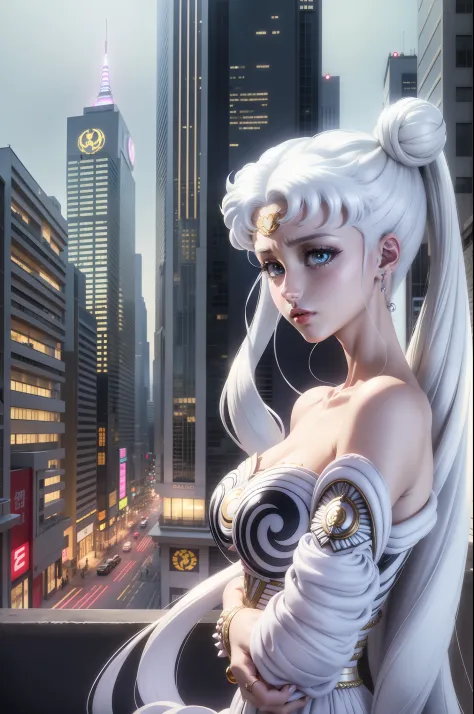 white girl (sailor moon) in fashionable clothes, modern japanese fashion clothing, white colored hair, long white hair, gray hai...