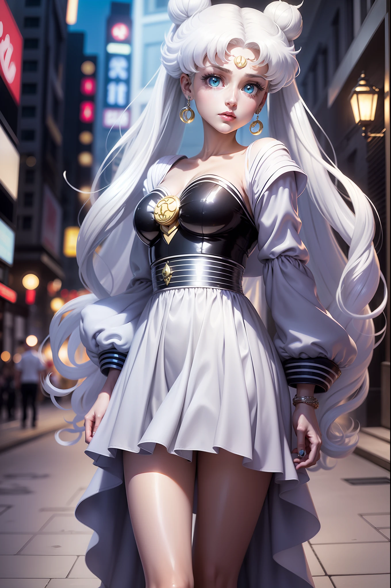 white girl (Sailor Moon) in fashionable clothes, Modern Japanese Fashion Clothing, white colored hair, Long white hair, gray hairs, Two bundles on the head, Odango hairstyle, pale skin, Cyan eyes , in full height, Lamborghini against the backdrop of a Japanese night city