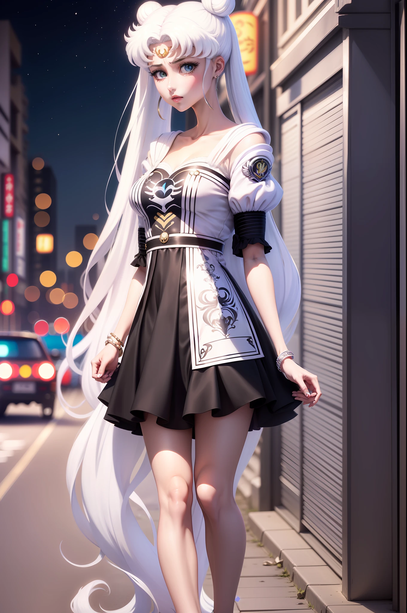 white girl (Sailor Moon) in fashionable clothes, Modern Japanese Fashion Clothing, white colored hair, Long white hair, gray hairs, Two bundles on the head, Odango hairstyle, pale skin, Cyan eyes , in full height, Lamborghini against the backdrop of a Japanese night city