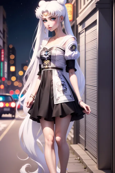 white girl (sailor moon) in fashionable clothes, modern japanese fashion clothing, white colored hair, long white hair, gray hai...