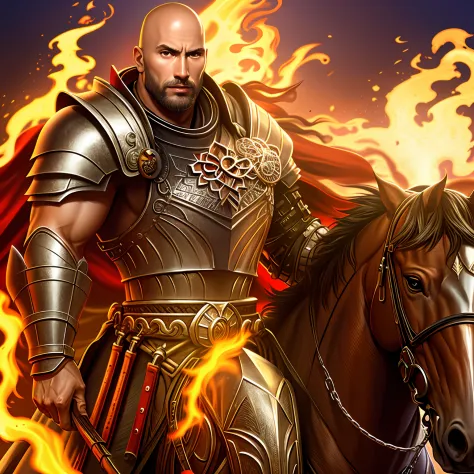 moroccan bald beard medieval muscular handsome full body armor riding great legendary horse hell blazing fire super detailed hyp...