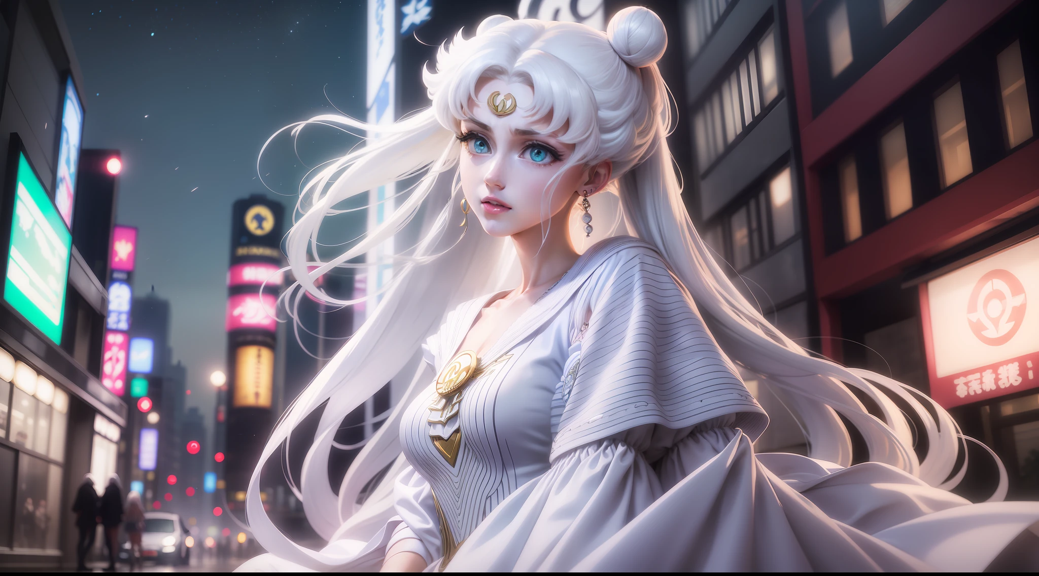 white girl (Sailor Moon) in fashionable clothes, Modern Japanese Fashion Clothing, white colored hair, Long white hair, gray hairs, Two bundles on the head, Odango hairstyle, pale skin, Cyan eyes , in full height, Lamborghini against the backdrop of a Japanese night city