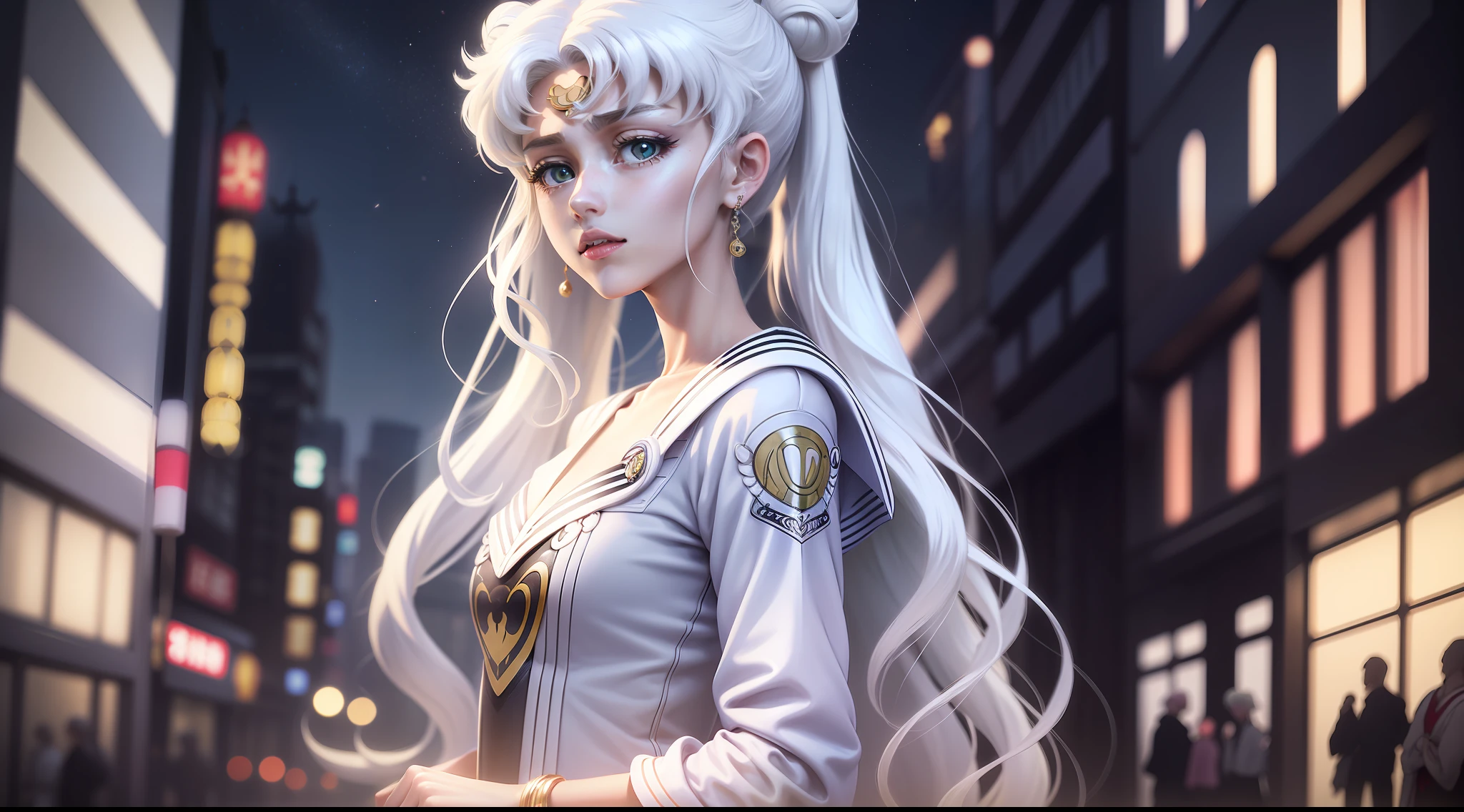 white girl (Sailor Moon) in fashionable clothes, Modern Japanese Fashion Clothing, white colored hair, Long white hair, gray hairs, Two bundles on the head, Odango hairstyle, pale skin, Cyan eyes , in full height, Lamborghini against the backdrop of a Japanese night city