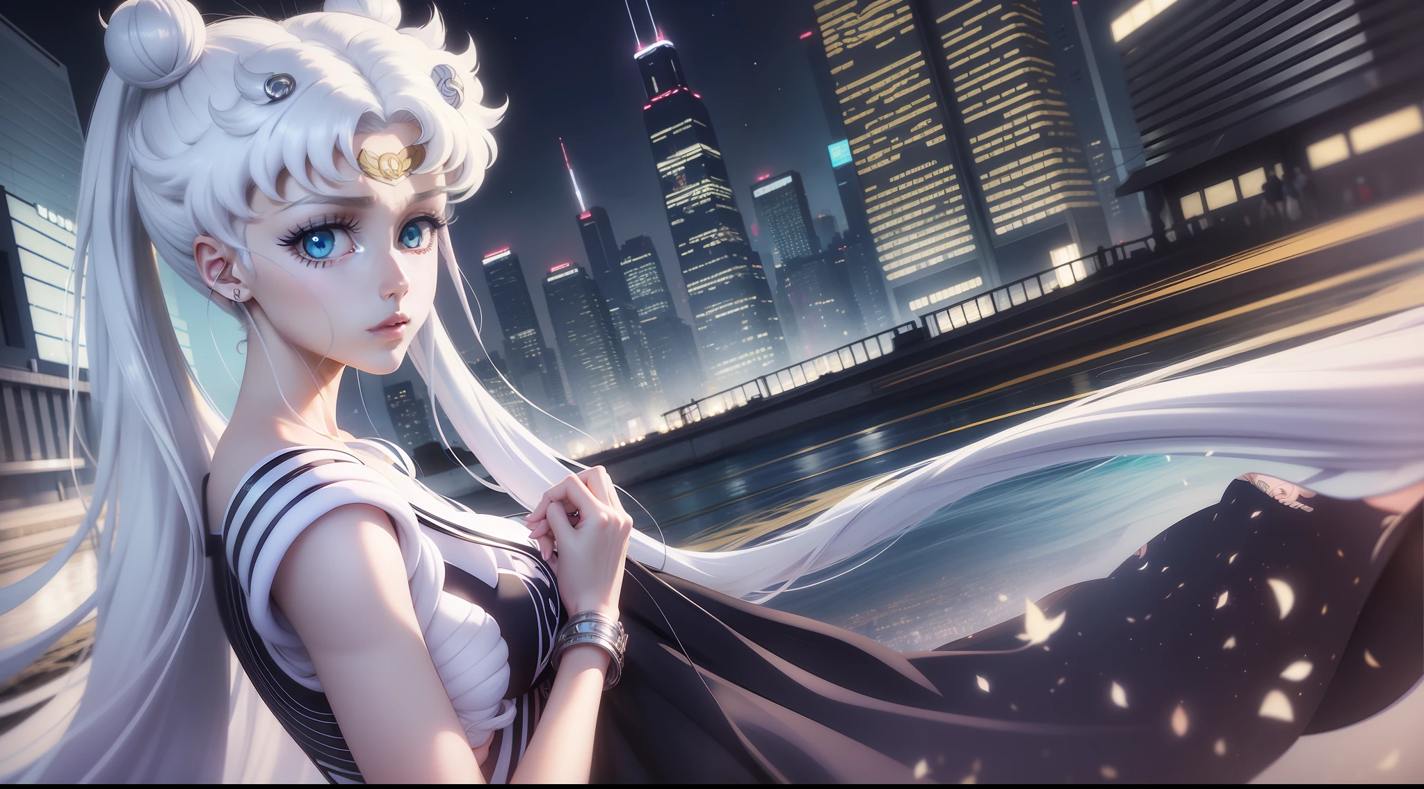 white girl (Sailor Moon) in fashionable clothes, Modern Japanese Fashion Clothing, white colored hair, Long white hair, gray hairs, Two bundles on the head, Odango hairstyle, pale skin, Cyan eyes , in full height, Lamborghini against the backdrop of a Japanese night city