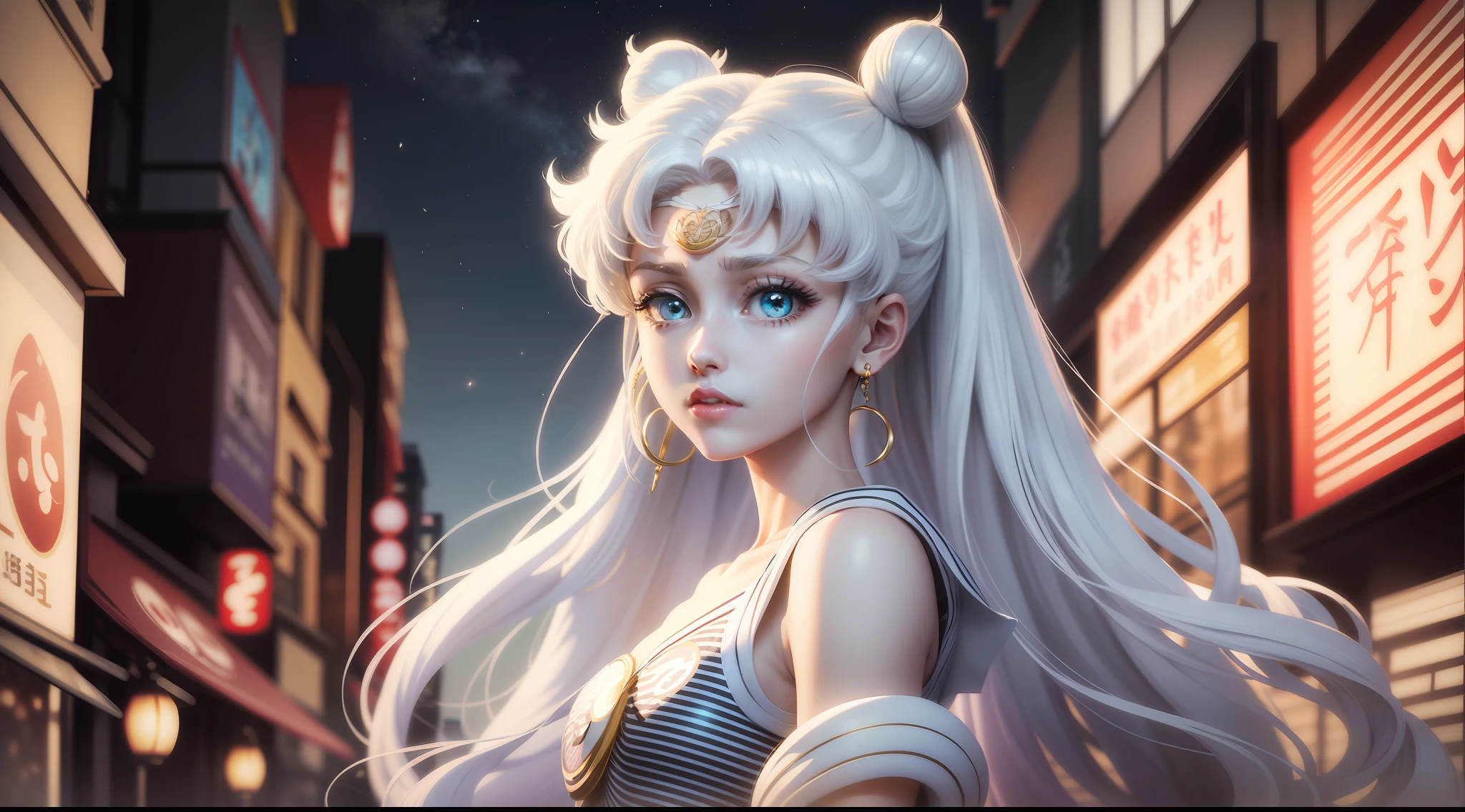 white girl (Sailor Moon) in fashionable clothes, Modern Japanese Fashion Clothing, white colored hair, Long white hair, gray hairs, Two bundles on the head, Odango hairstyle, pale skin, Cyan eyes , in full height, Against the backdrop of a Japanese night city