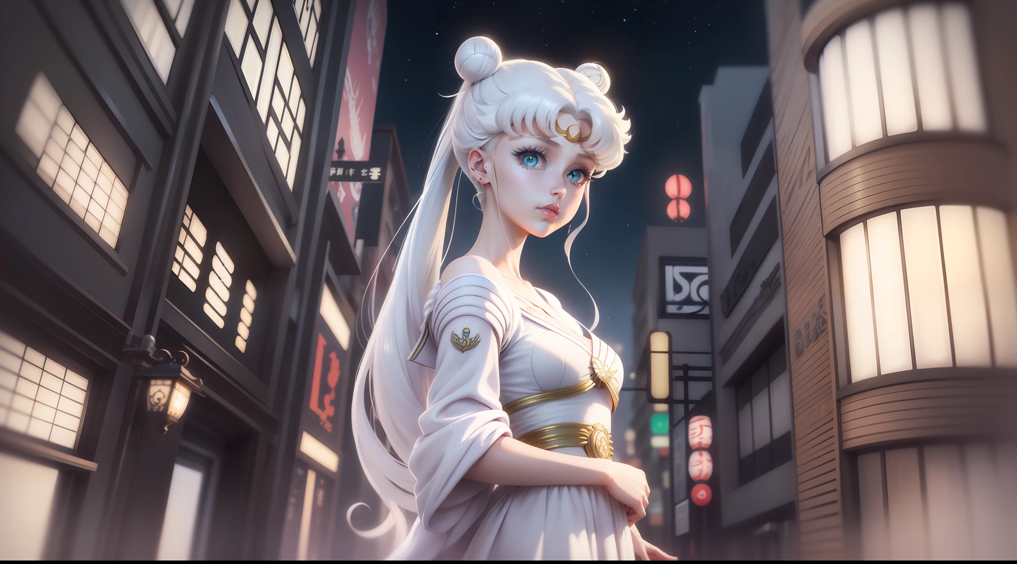 white girl (Sailor Moon) in fashionable clothes, Modern Japanese Fashion Clothing, white colored hair, Long white hair, gray hairs, Two bundles on the head, Odango hairstyle, pale skin, Cyan eyes , in full height, Against the backdrop of a Japanese night city