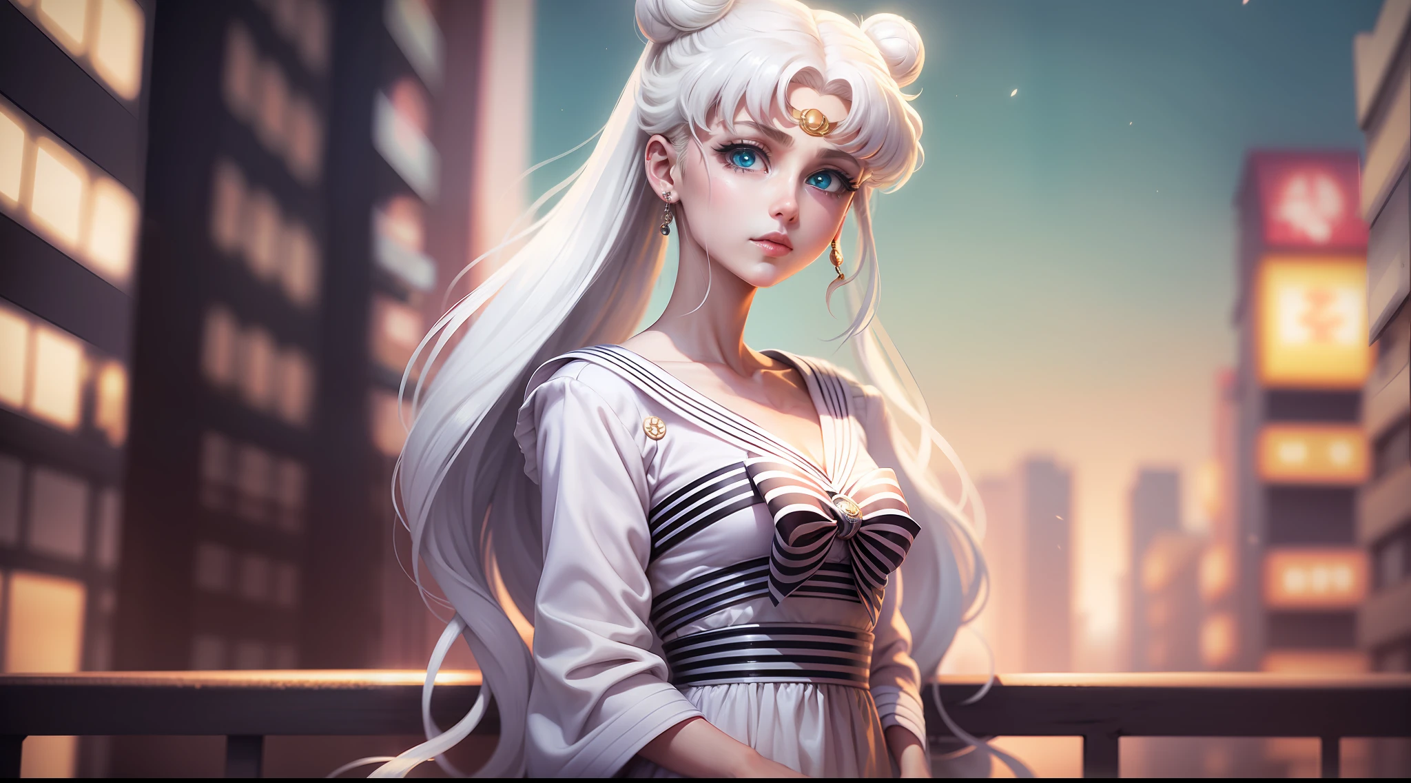 white girl (Sailor Moon) in fashionable clothes, Modern Japanese Fashion Clothing, white colored hair, Long white hair, gray hairs, Two bundles on the head, Odango hairstyle, pale skin, Cyan eyes , in full height, Against the backdrop of a Japanese night city