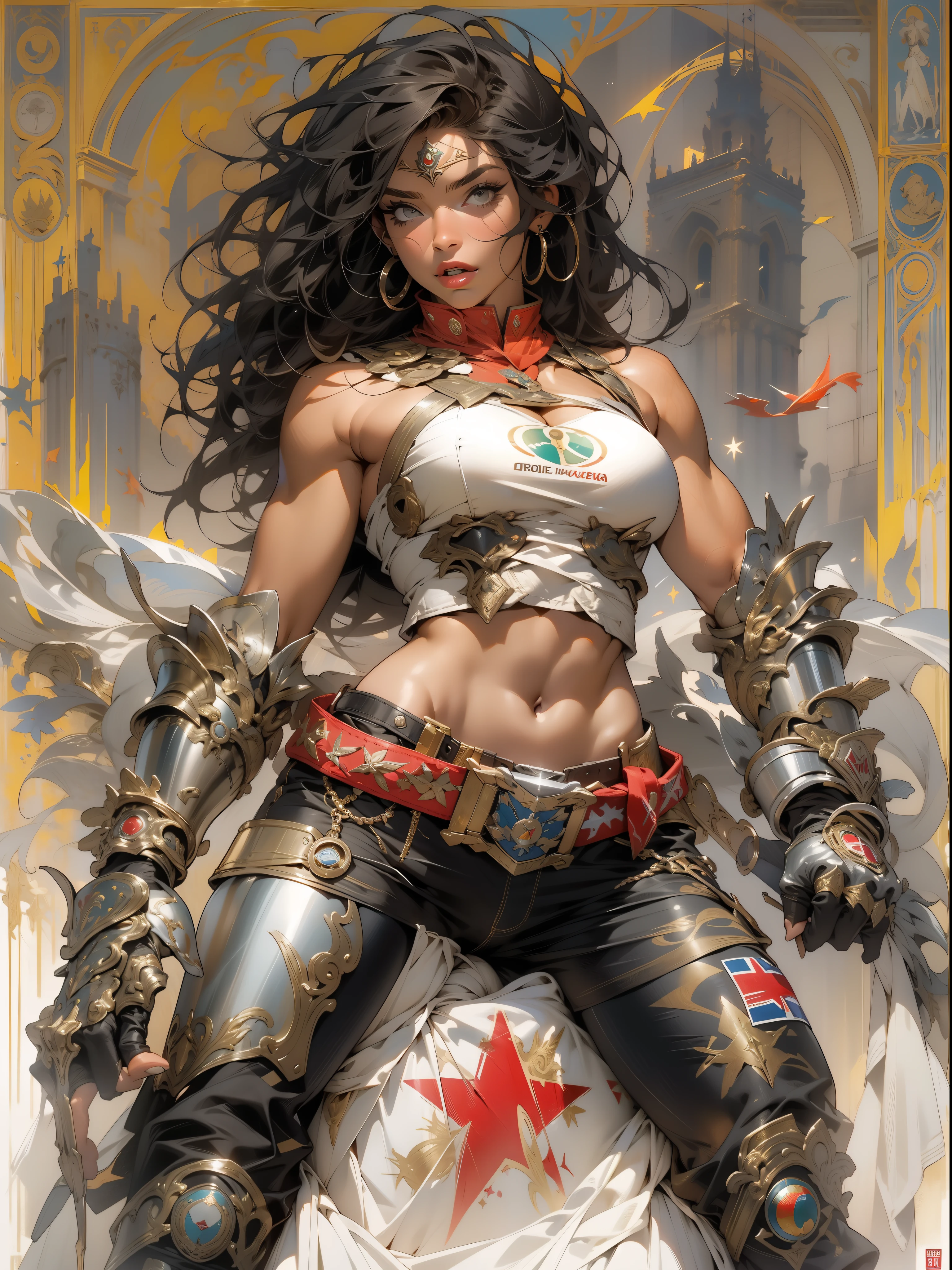 A woman in armor with a sword and a sword on her chest - SeaArt AI