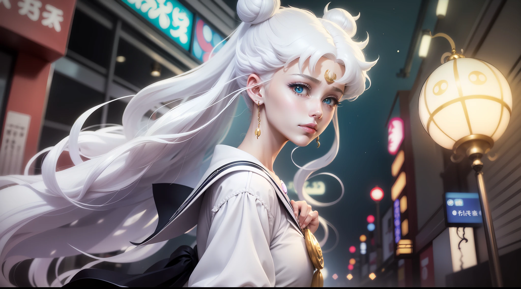 white girl (Sailor Moon) in fashionable clothes, Modern Japanese Fashion Clothing, white colored hair, Long white hair, gray hairs, Two bundles on the head, Odango hairstyle, pale skin, Cyan eyes , in full height, can be seen in full growth, Dynamic posture, Unusual camera angle, Against the backdrop of a Japanese night city