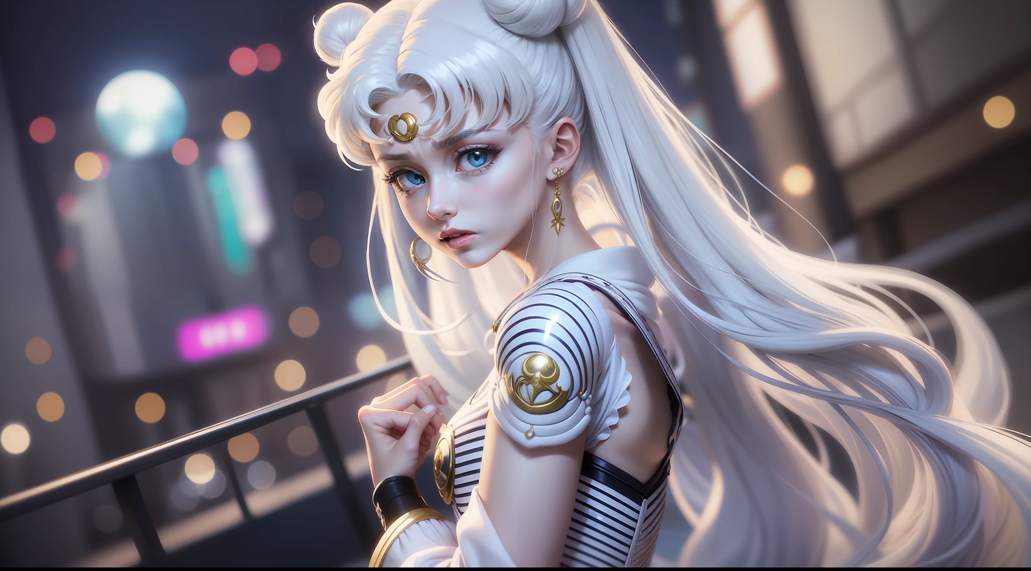 white girl (Sailor Moon) in fashionable clothes, Modern Japanese Fashion Clothing, white colored hair, Long white hair, gray hairs, Two bundles on the head, Odango hairstyle, pale skin, Cyan eyes , in full height, can be seen in full growth, Dynamic posture, Unusual camera angle, Against the backdrop of a Japanese night city