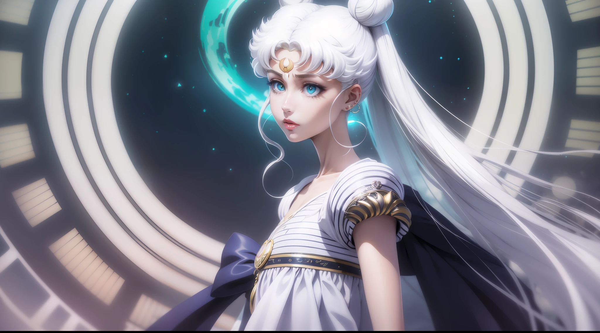 white girl (Sailor Moon) in fashionable clothes, Modern Japanese Fashion Clothing, white colored hair, Long white hair, gray hairs, Two bundles on the head, Odango hairstyle, pale skin, Cyan eyes , in full height, can be seen in full growth, Dynamic posture, Unusual camera angle, Against the backdrop of a Japanese night city