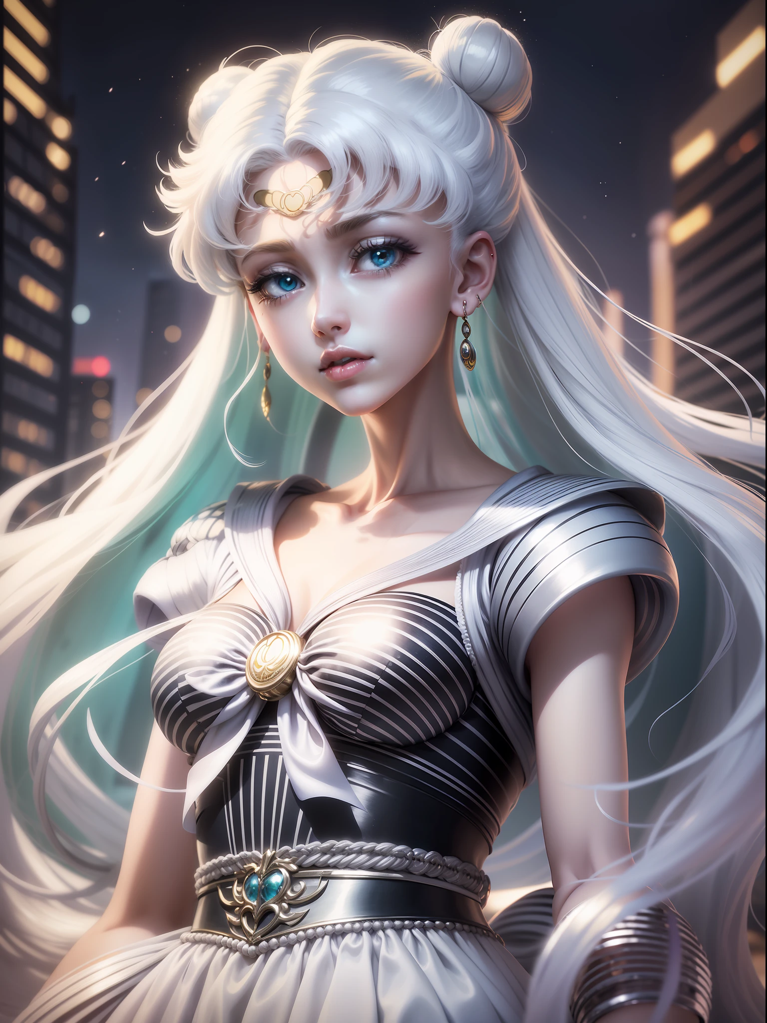 white girl (Sailor Moon) in fashionable clothes, Modern Japanese Fashion Clothing, white colored hair, Long white hair, gray hairs, Two bundles on the head, Odango hairstyle, pale skin, Cyan eyes , in full height, can be seen in full growth, Dynamic posture, Unusual camera angle, Against the backdrop of a Japanese night city