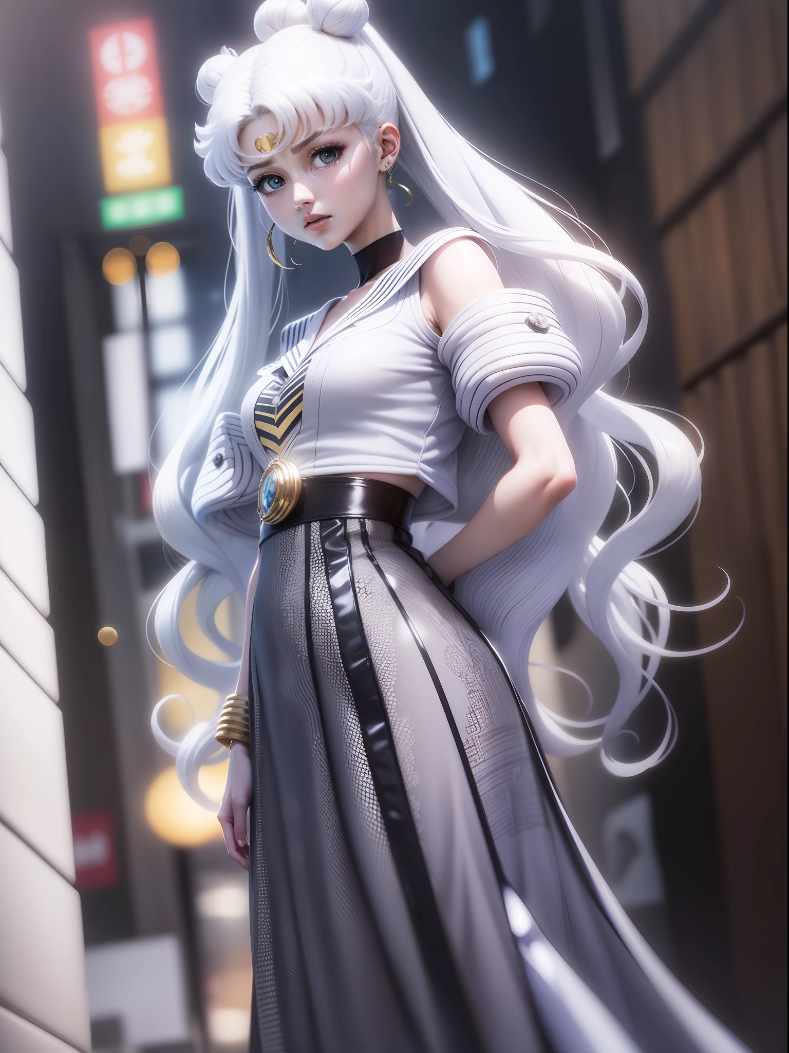 white girl (Sailor Moon) in fashionable clothes, Modern Japanese Fashion Clothing, white colored hair, Long white hair, gray hairs, Two bundles on the head, Odango hairstyle, pale skin, Cyan eyes , in full height, can be seen in full growth, Dynamic posture, Unusual camera angle, Against the backdrop of a Japanese night city