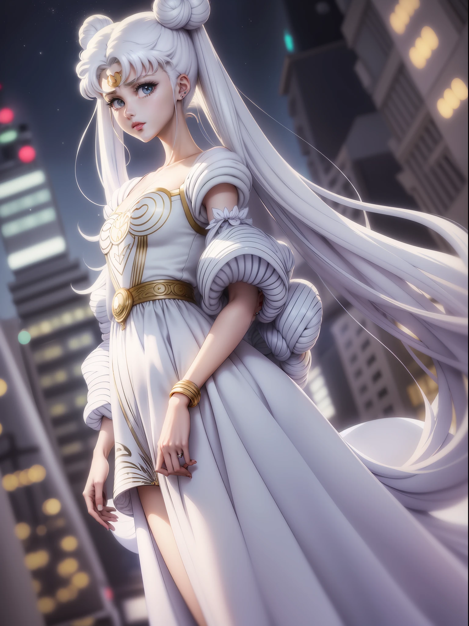 white girl (Sailor Moon) in fashionable clothes, Modern Japanese Fashion Clothing, white colored hair, Long white hair, gray hairs, Two bundles on the head, Odango hairstyle, pale skin, Cyan eyes , in full height, can be seen in full growth, Dynamic posture, Unusual camera angle, Against the backdrop of a Japanese night city