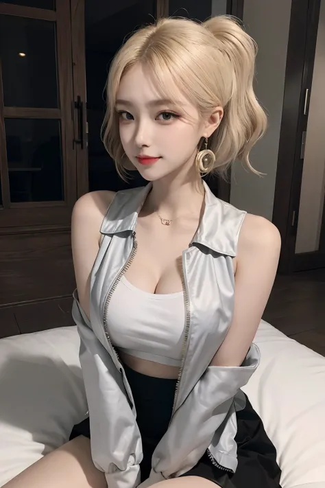 20-year-old cool Korean, big round breasts, cleavage, cropped tank top,  skirt - SeaArt AI