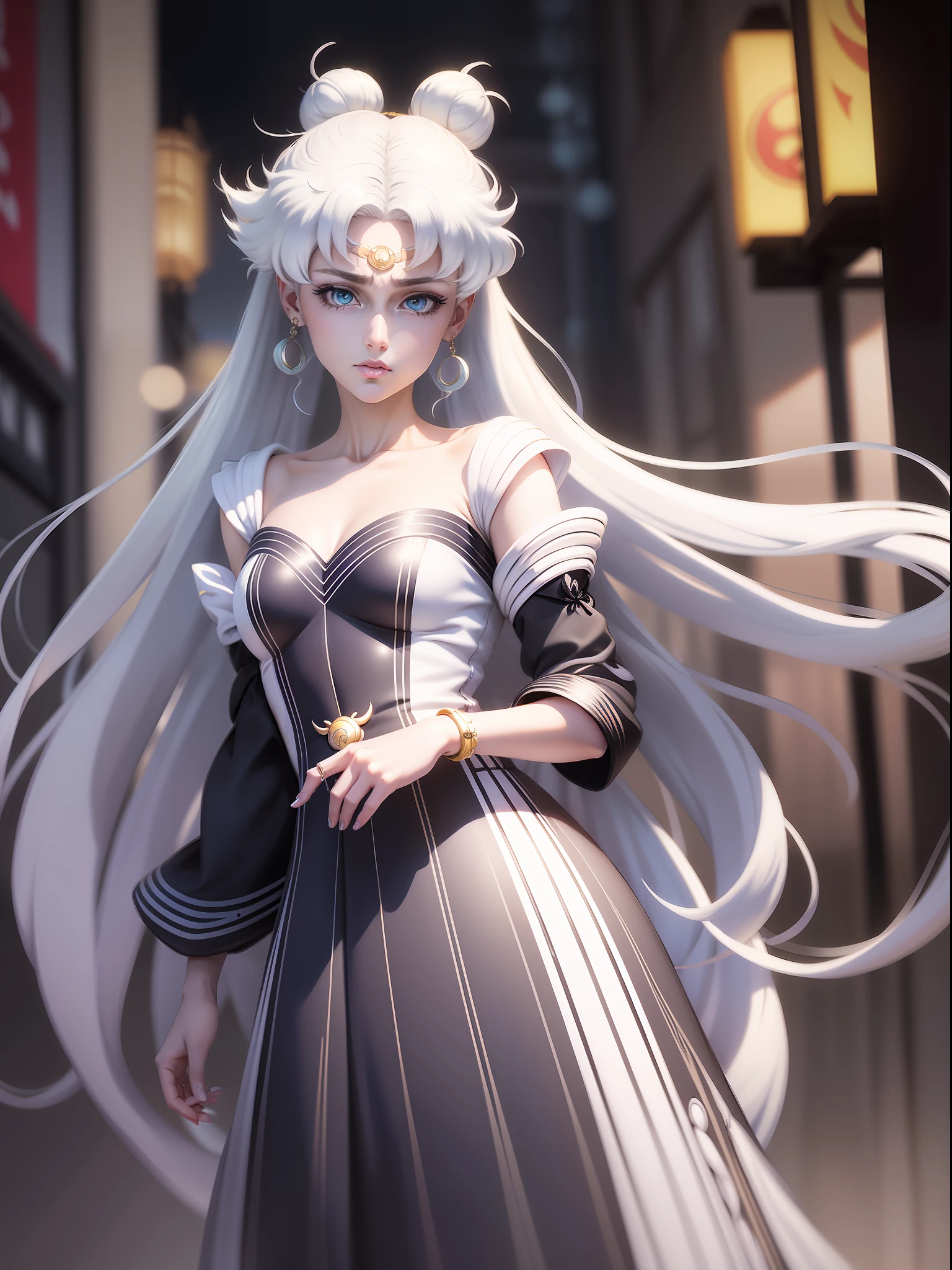 white girl (Sailor Moon) in fashionable clothes, Modern Japanese Fashion Clothing, white colored hair, Long white hair, gray hairs, Two bundles on the head, Odango hairstyle, pale skin, Cyan eyes , in full height, can be seen in full growth, Dynamic posture, Unusual camera angle, High fashion photo, Against the backdrop of a Japanese night city