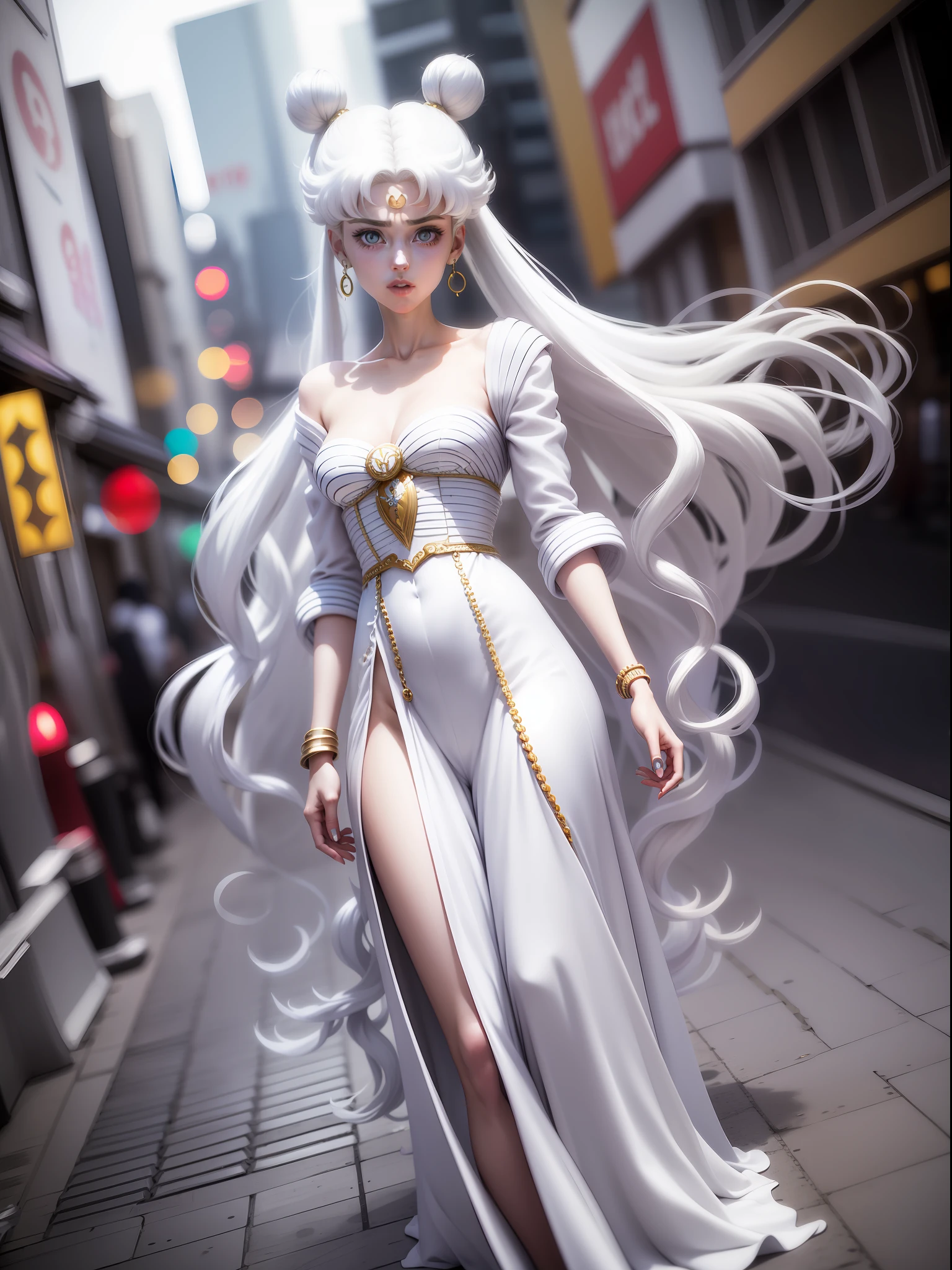 white girl (Sailor Moon) in fashionable clothes, Modern Japanese Fashion Clothing, white colored hair, Long white hair, gray hairs, Two bundles on the head, Odango hairstyle, pale skin, Cyan eyes , in full height, can be seen in full growth, Dynamic posture, Unusual camera angle, High fashion photo, Against the backdrop of a Japanese night city