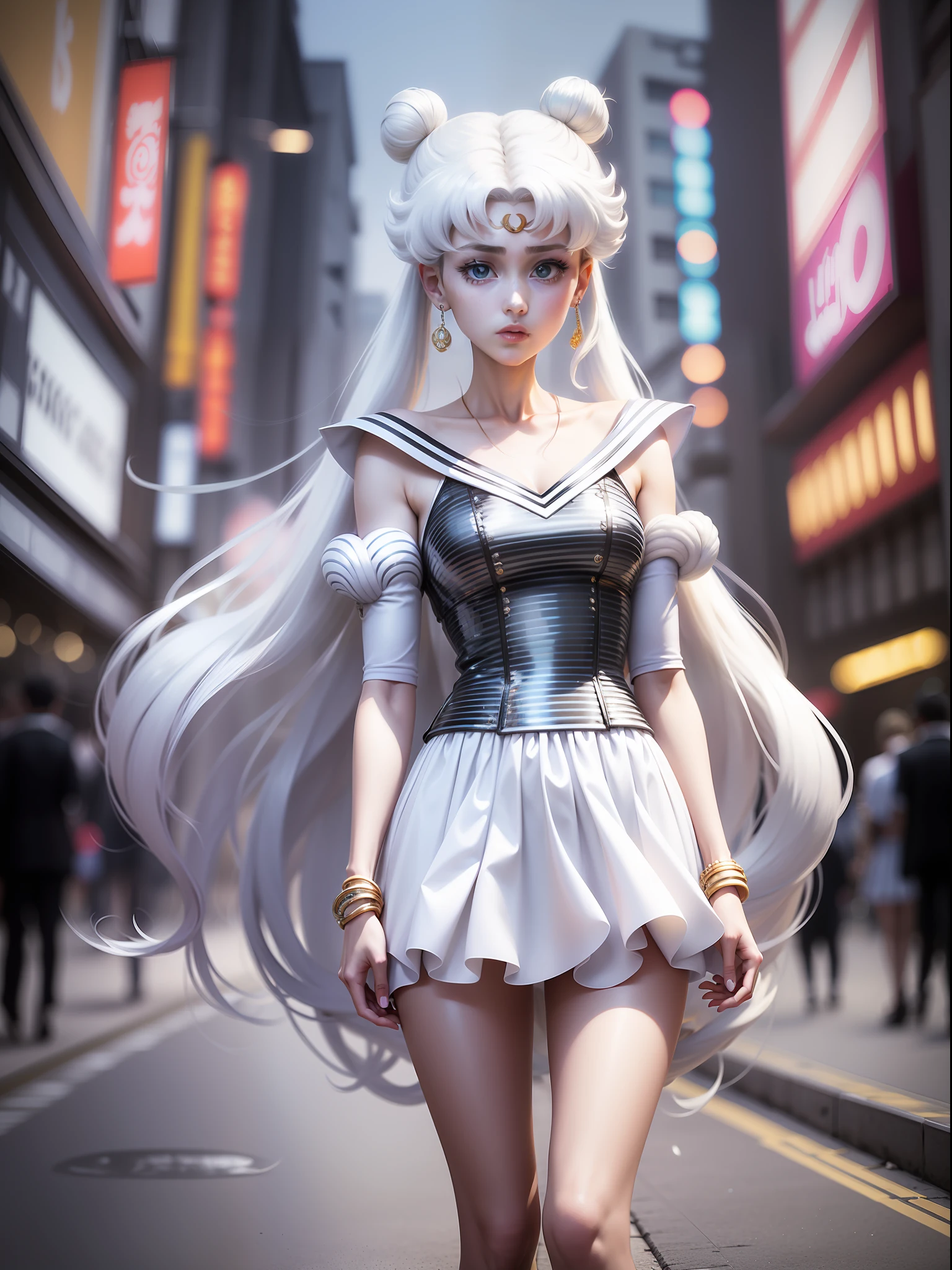 white girl (Sailor Moon) in fashionable clothes, Modern Japanese Fashion Clothing, white colored hair, Long white hair, gray hairs, Two bundles on the head, Odango hairstyle, pale skin, Cyan eyes , in full height, can be seen in full growth, Dynamic posture, Unusual camera angle, High fashion photo, Against the backdrop of a Japanese night city