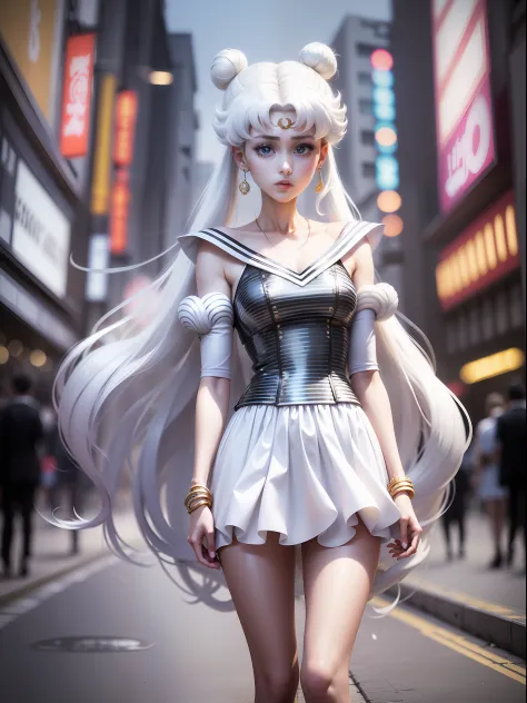 white girl (sailor moon) in fashionable clothes, modern japanese fashion clothing, white colored hair, long white hair, gray hai...