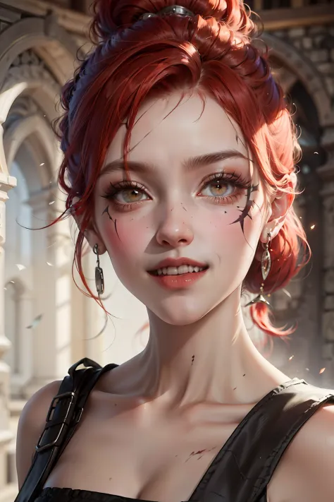 red haired pretty woman psycho crazy laugh, assassin, mercenary, wide eyes, short and low ponytail, two heavy scars across right eye (starting from top of eye), white eyes, black cloth top, portrait, medieval times, drop shadow, wide shot, high detail, ana...
