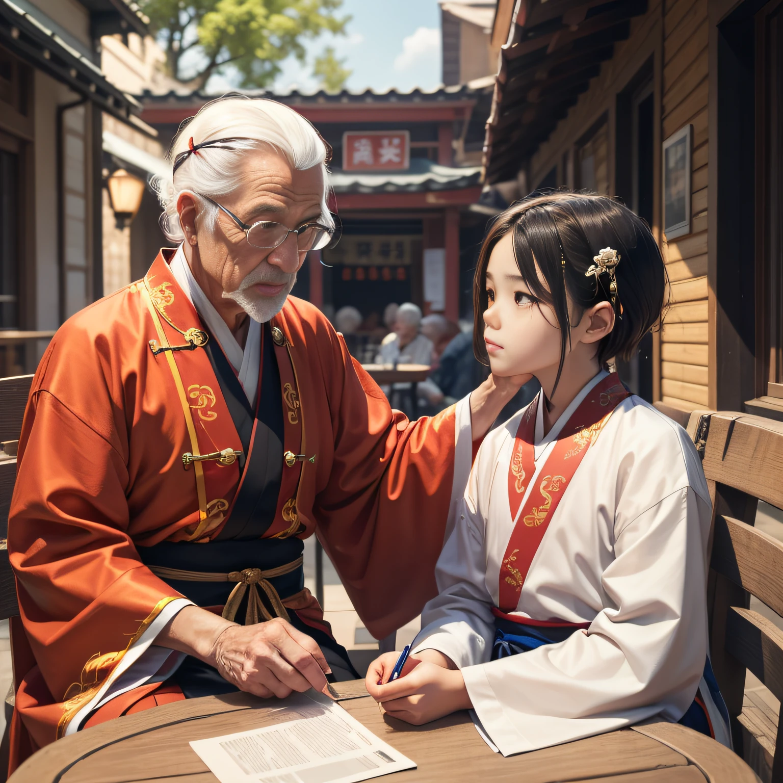 8K，tmasterpiece，Natural lighting，sitting before a table，Outdoor photography，sface focus，detailed face with，facial wrinkle，2 people，Sit face to face，Male elderly，White hair，Hairpins，Taoist costumes，Hanfu，5 year old boy