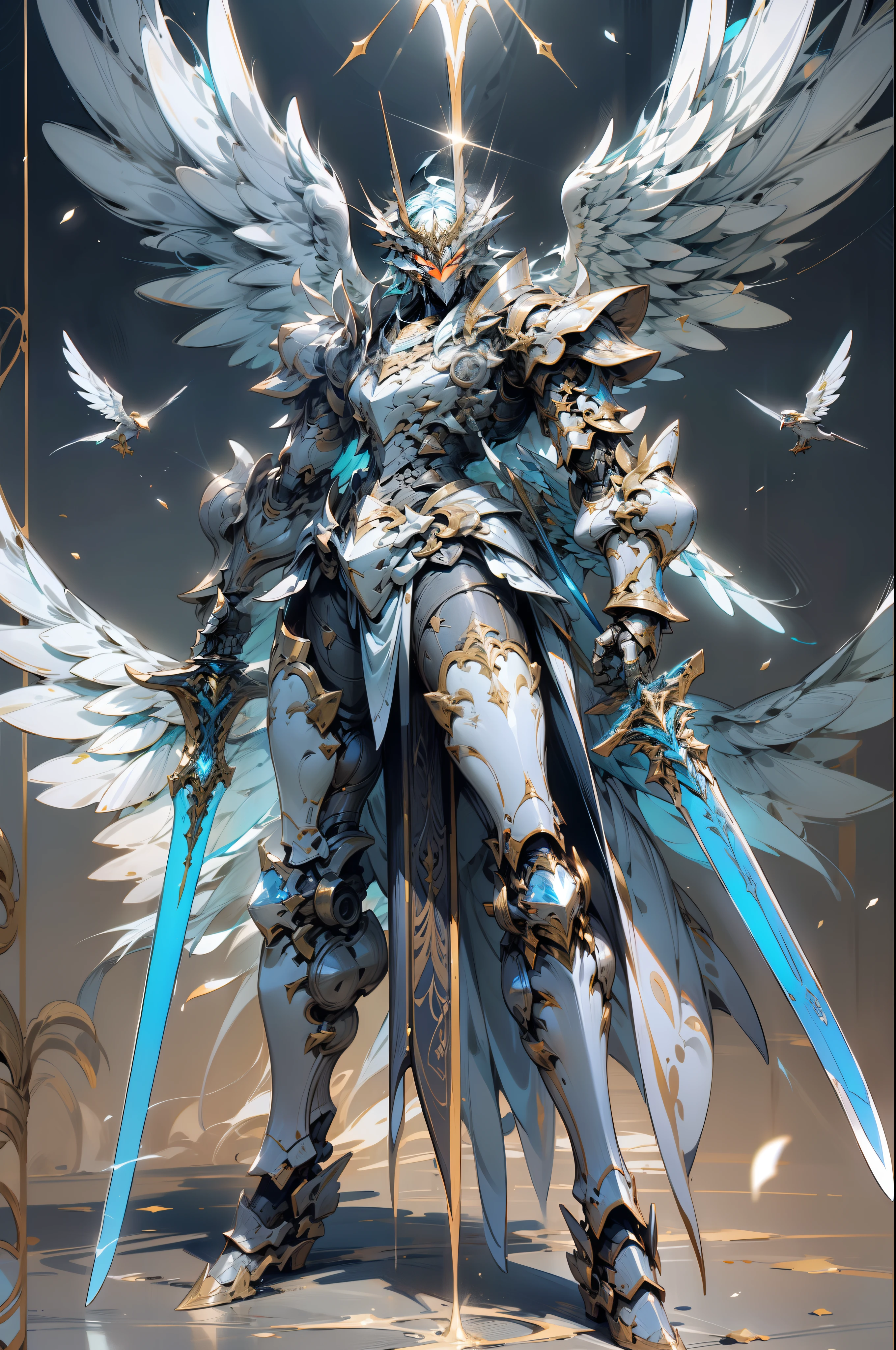 翼を持ち、青く輝く優雅な対称の剣を持つロボットのアラド画像, from アークナイト, 翼を持つ鎧の天使, アークナイト, glossy 白い鎧, 大天使, アレクサンダー フィラ ホワイト メカ, レイモンド・スワンランドスタイル, 白い鎧, アニメオーバーロードのアルベド, 砲手, detailed 白い鎧, メカウィングス