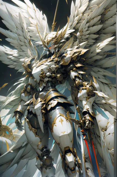 Arad image of a robot with wings and sword, from Ark Night, Armor Angle with Wings, Ark Night, glossy white armor, Archangel, Alexander Fira white mech, Raymond Swanland style, white armor, albedo of anime overlord, gunnier, detailed white armor, mecha win...