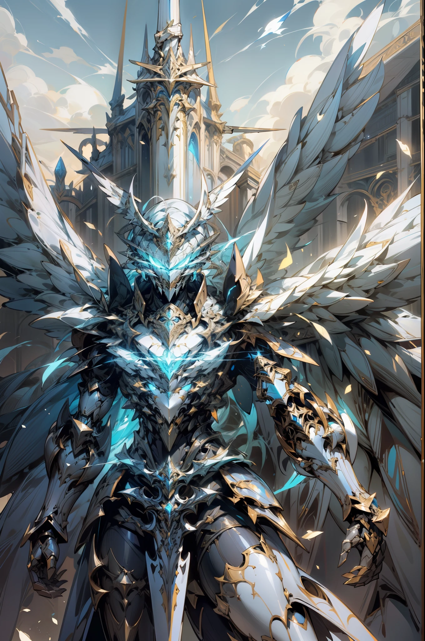 Arad image of a robot with wings and holding a glowing blue elegant symmetrical sword, from Ark Night, Armor Angel with Wings, Ark Night, glossy white armor, Archangel, Alexander Fira white mech, Raymond Swanland style, white armor, albedo of anime overlord, gunnier, detailed white armor, mecha wings